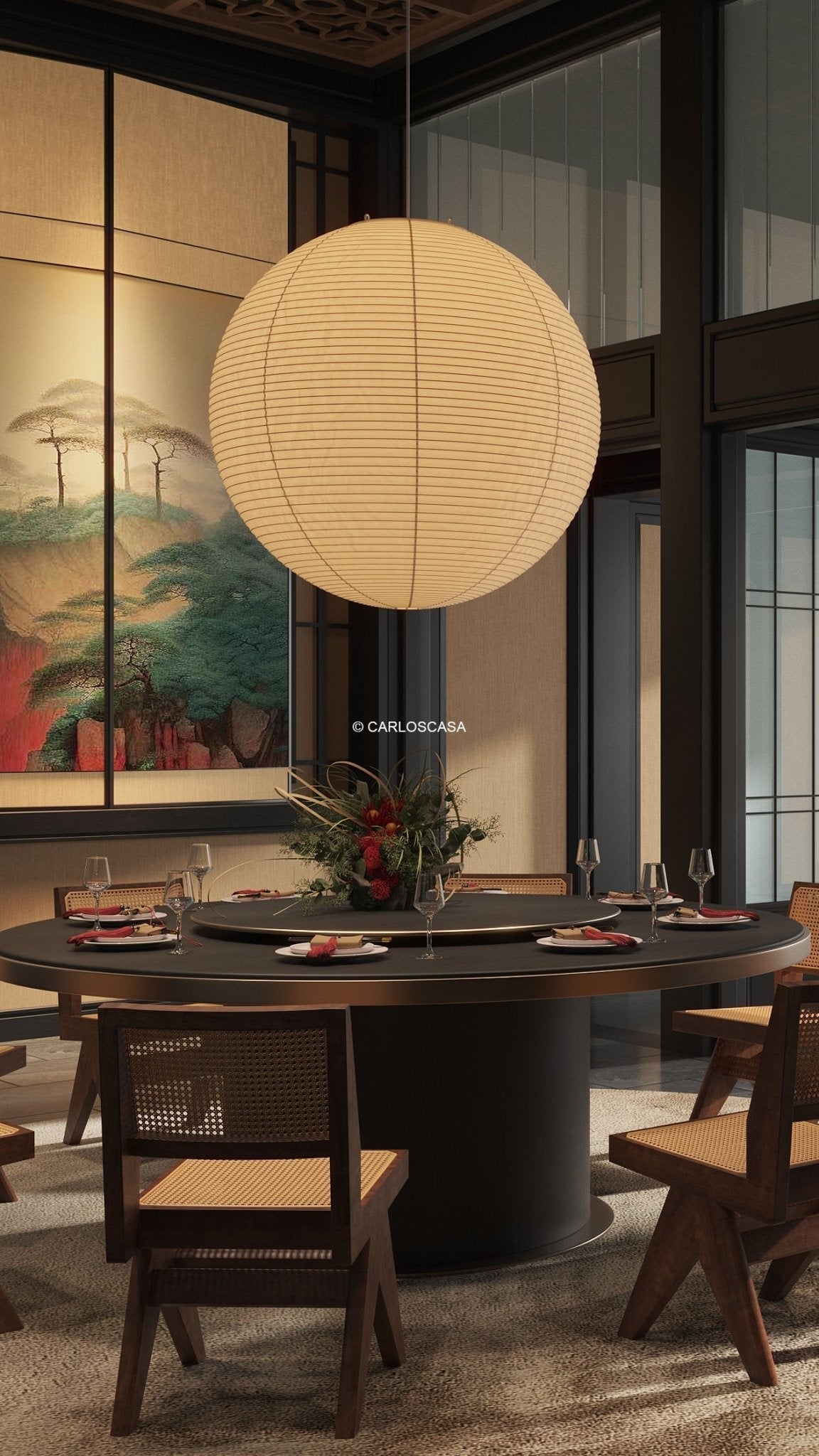 Noveno Pendant Lamp Bamboo Washi Paper Round