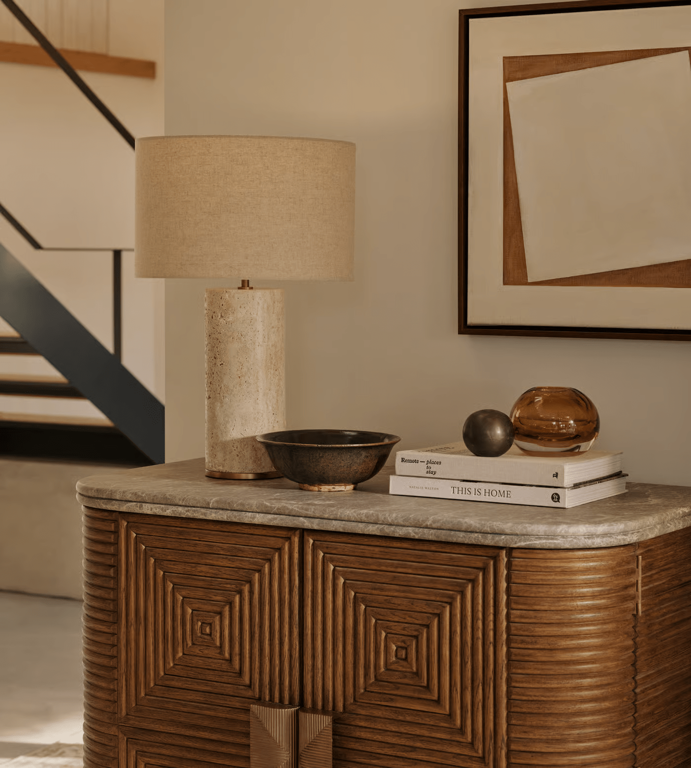 Vonoryra Cylindrical Travertine Table Lamp - Neutral Decor