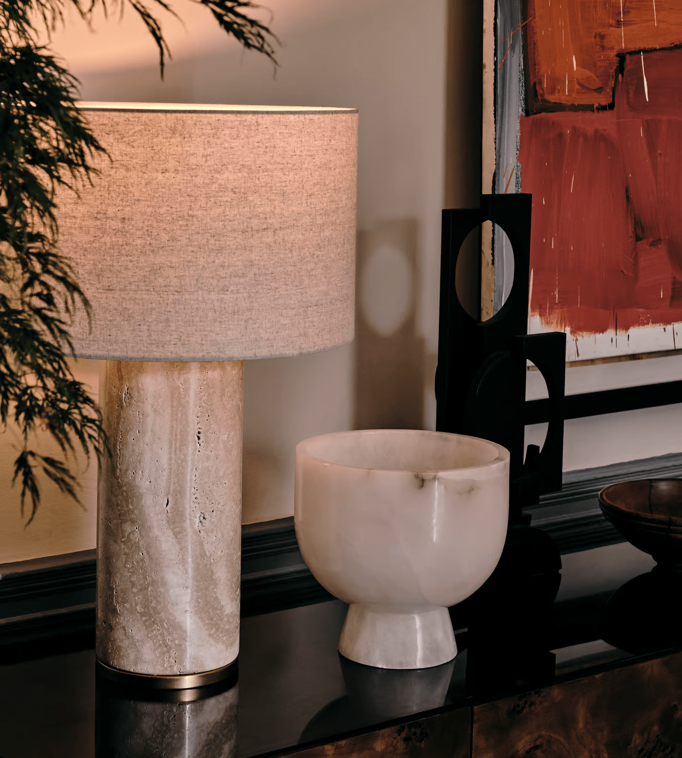 Vonoryra Cylindrical Travertine Table Lamp - Neutral Decor