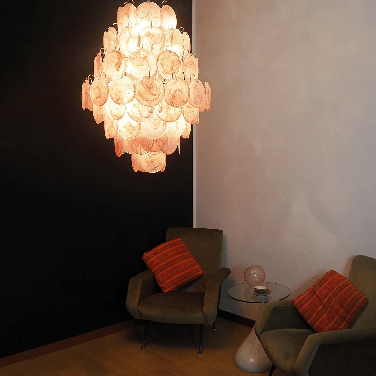 Aurora Chandelier Pink Murano Glass Handblown Discs - Neutral Decor