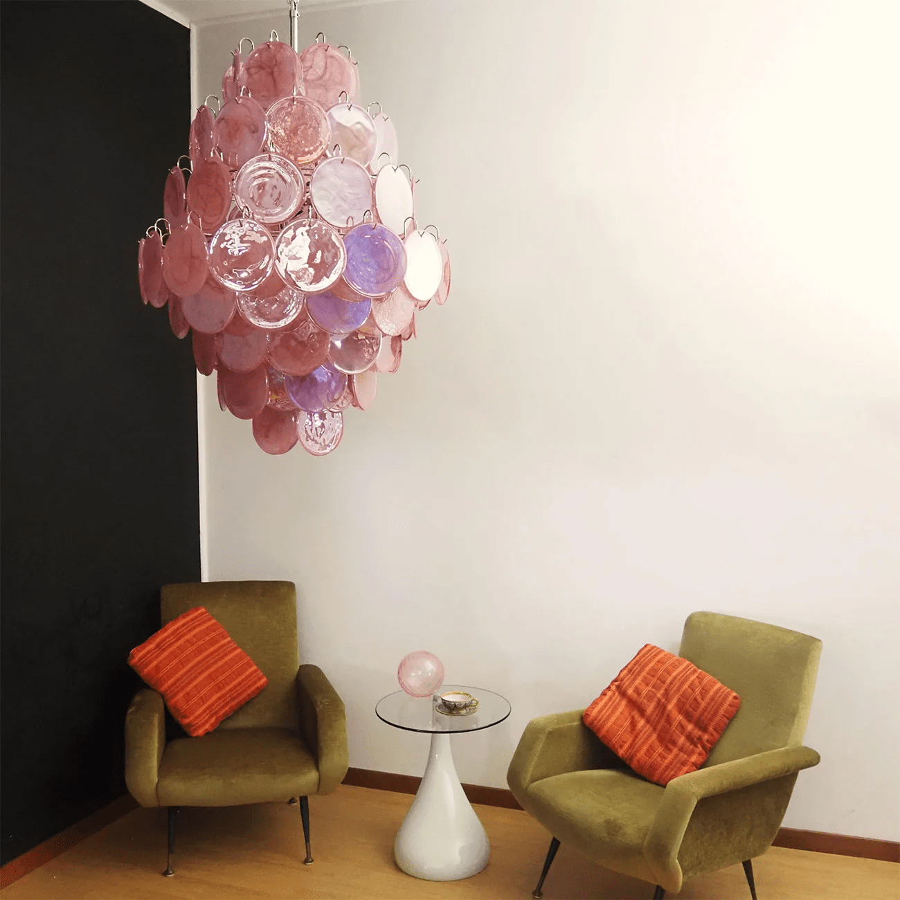 Aurora Chandelier Pink Murano Glass Handblown Discs - Neutral Decor