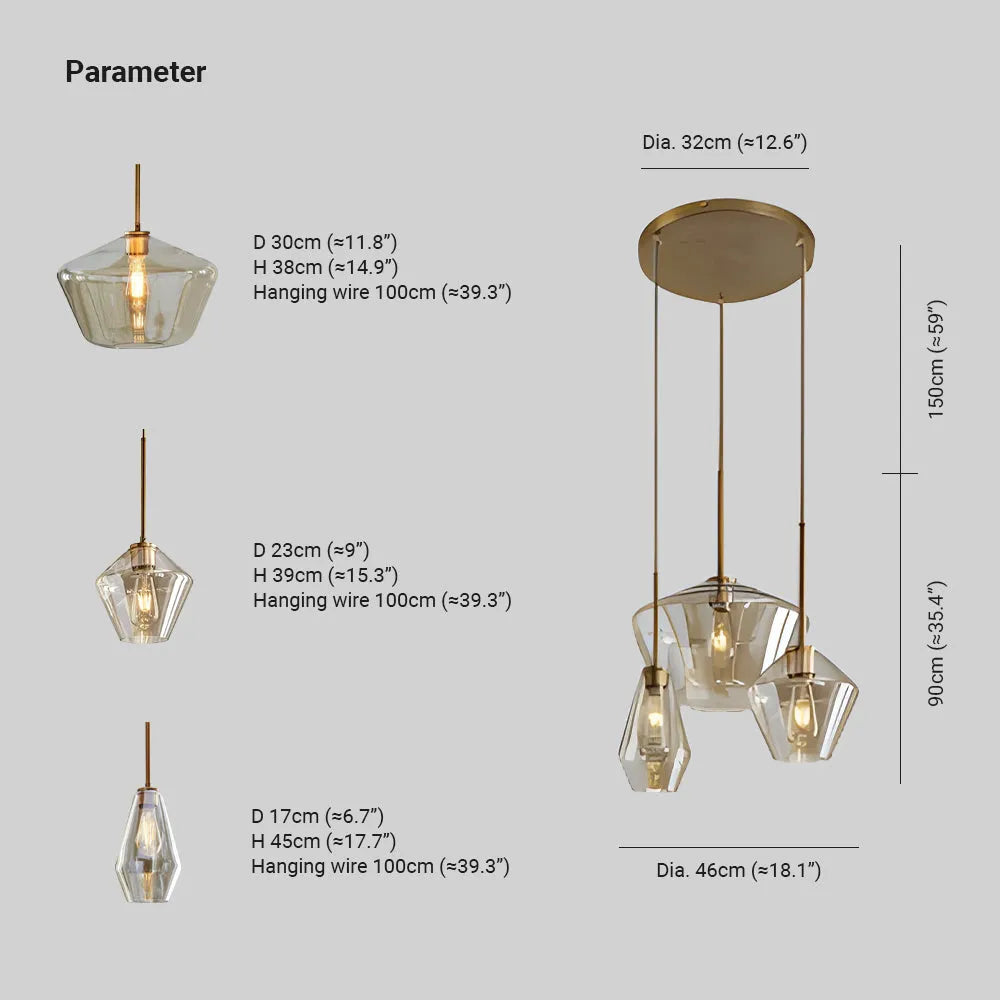 June Pendant Light Glass, Clear/Amber Diamond shape - Neutral Decor