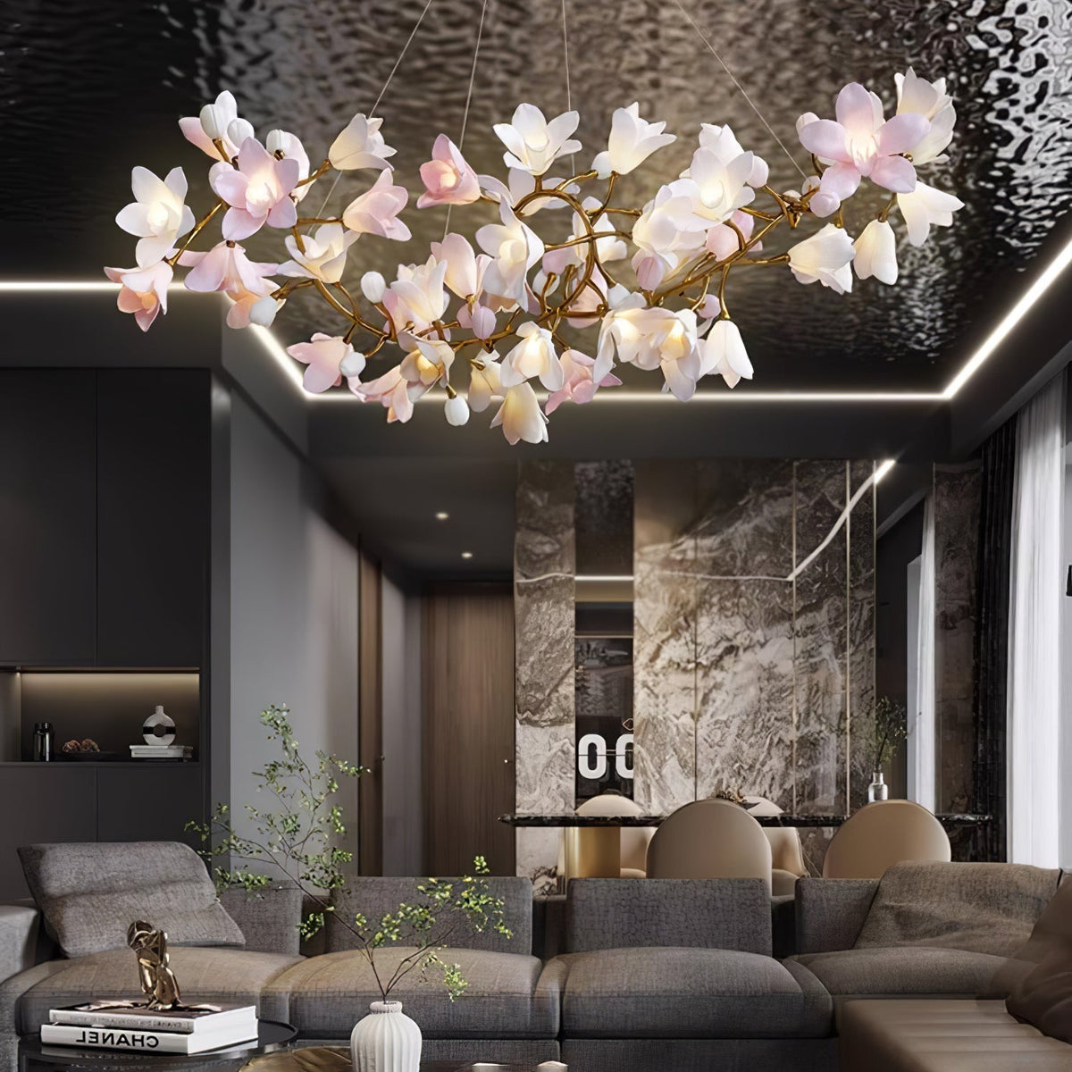 Elemu Chandelier Brass Ceramic Blossom