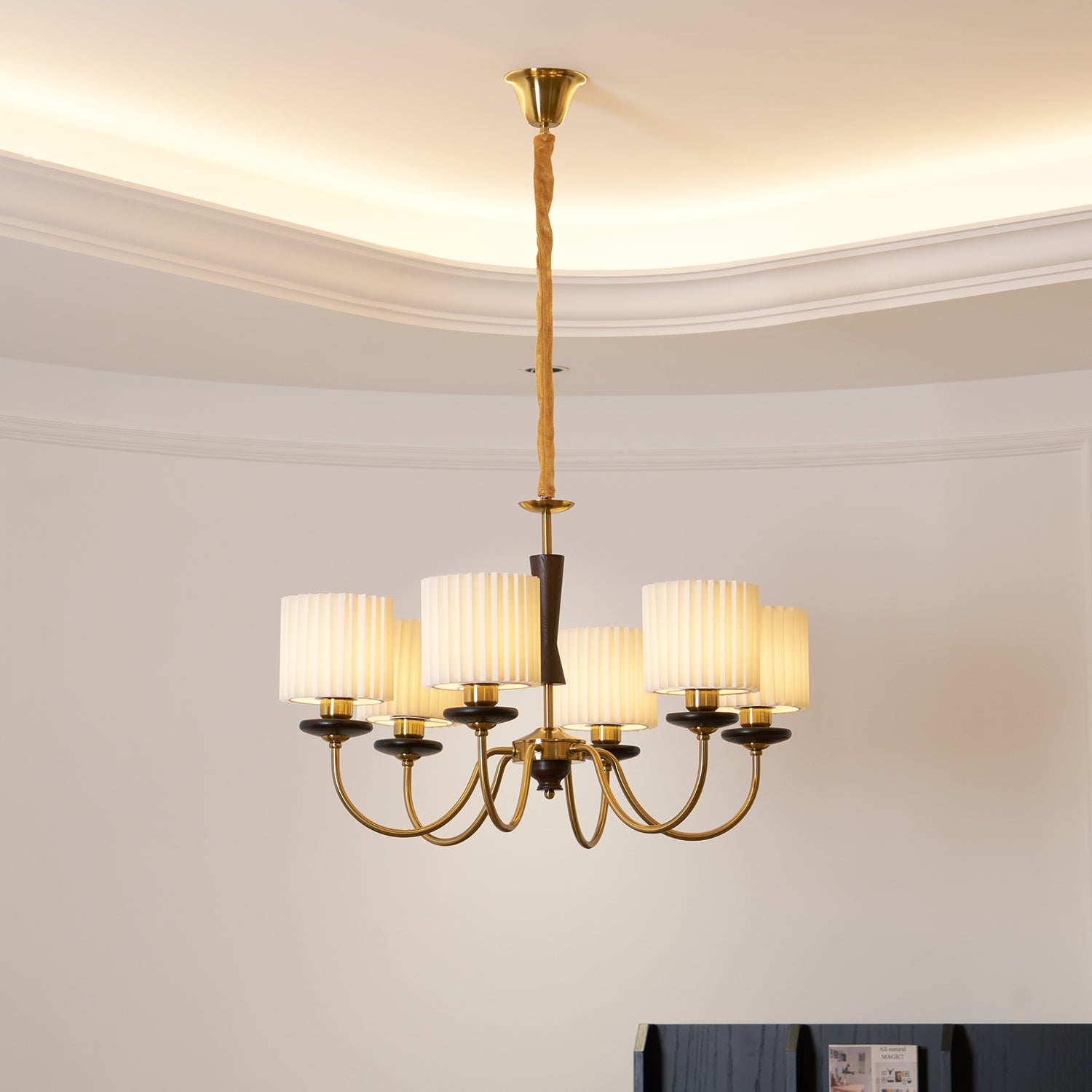 Corviel Chandelier Brass Fabric Pleated Shades