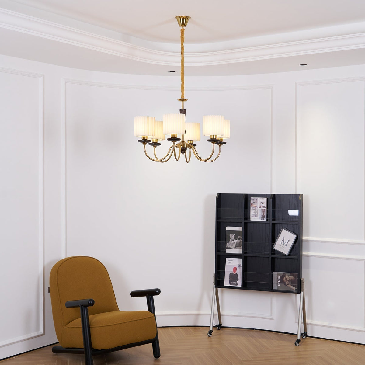 Corviel Chandelier Brass Fabric Pleated Shades