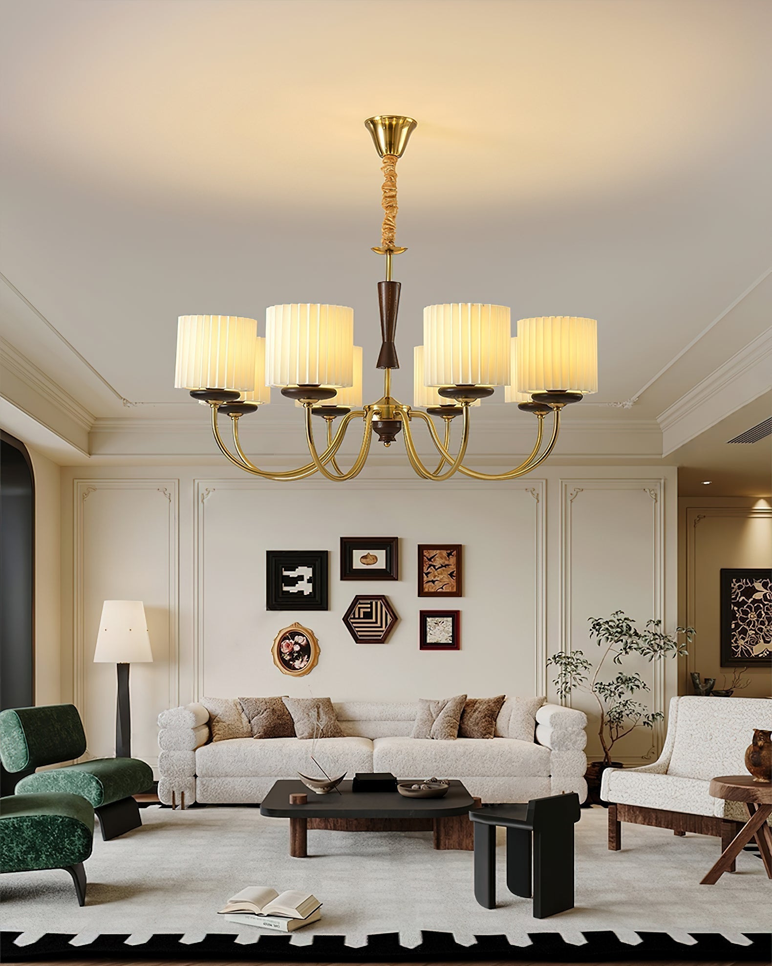 Corviel Chandelier Brass Fabric Pleated Shades