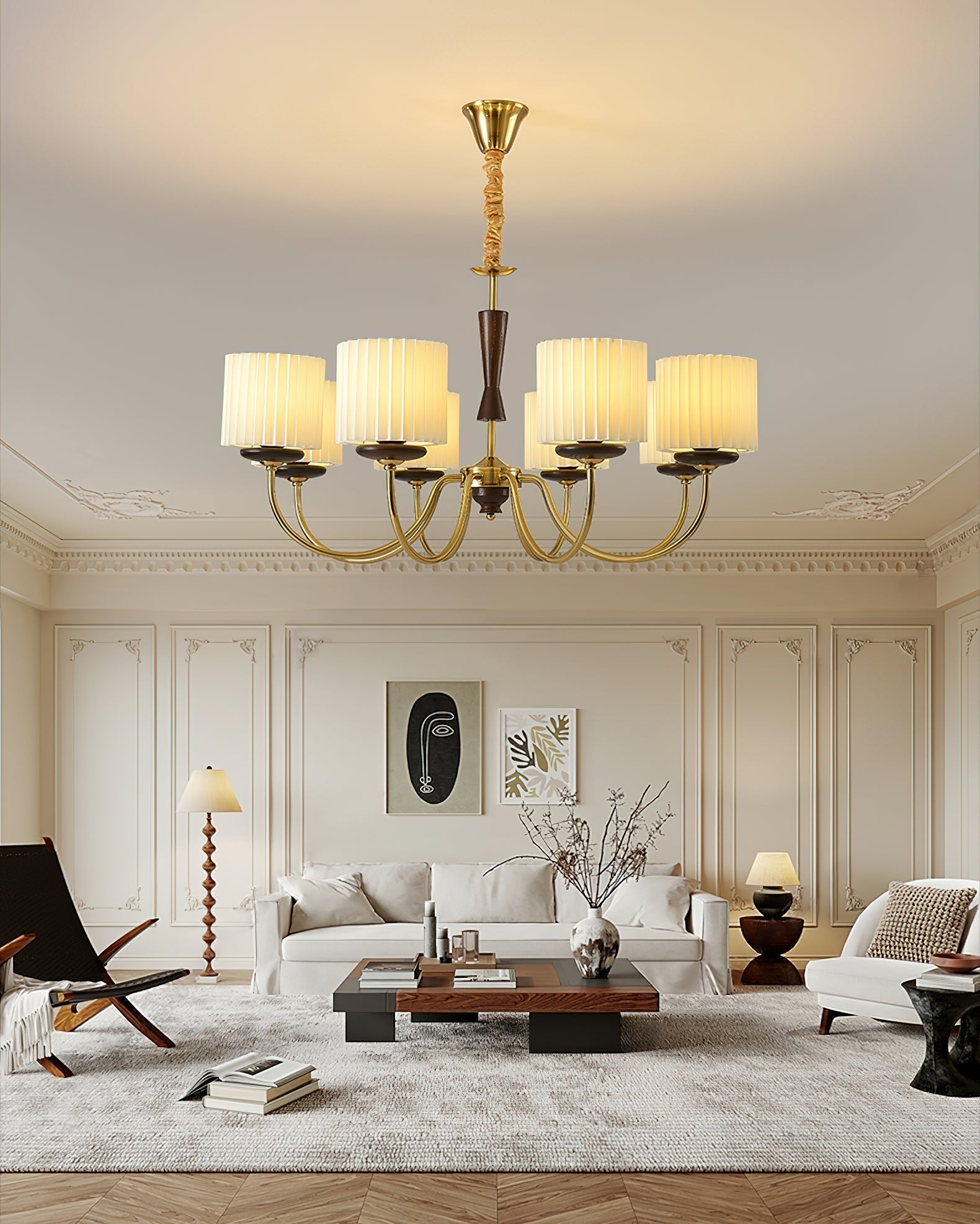 Corviel Chandelier Brass Fabric Pleated Shades