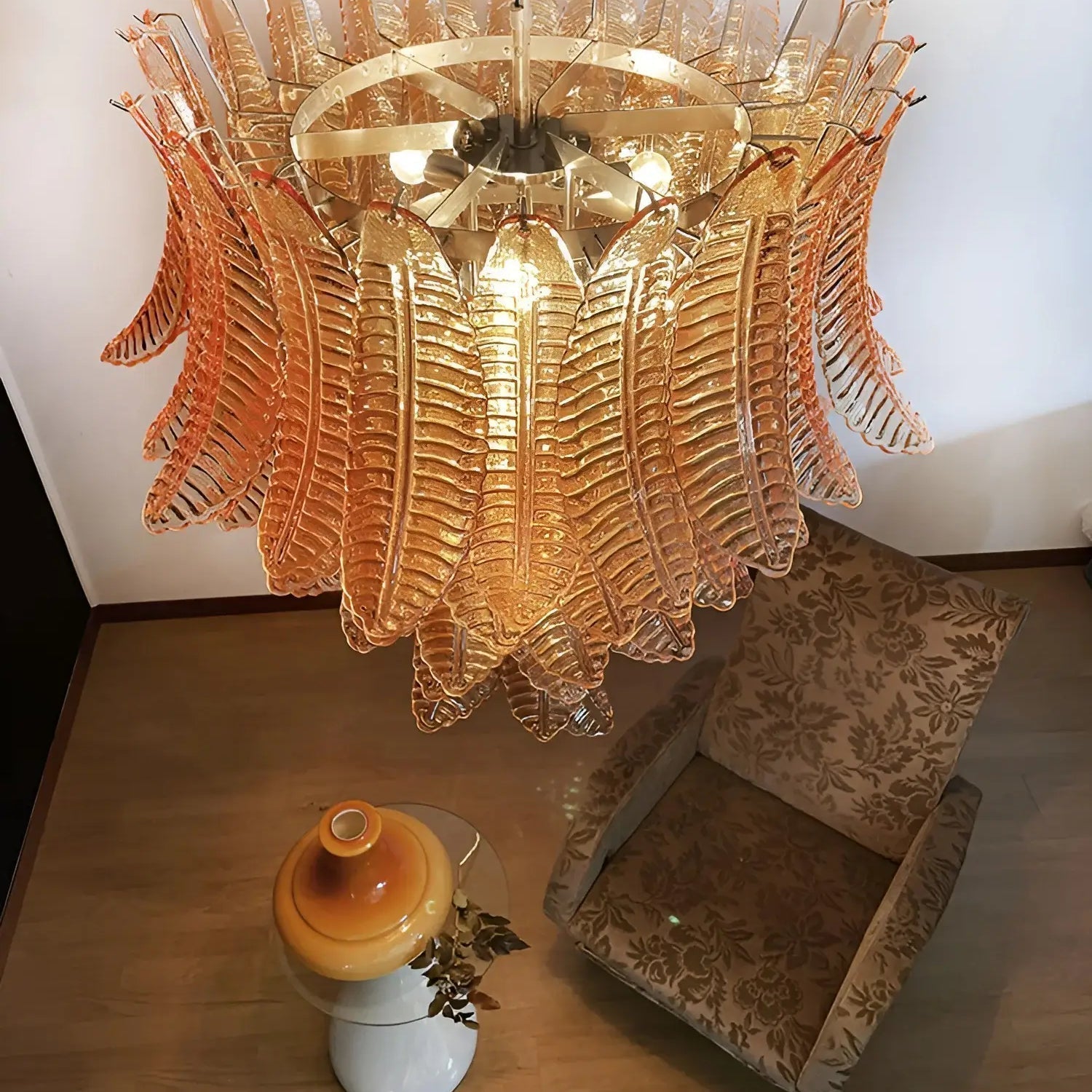 Veleena Chandelier Amber Murano Glass Leaves Layered