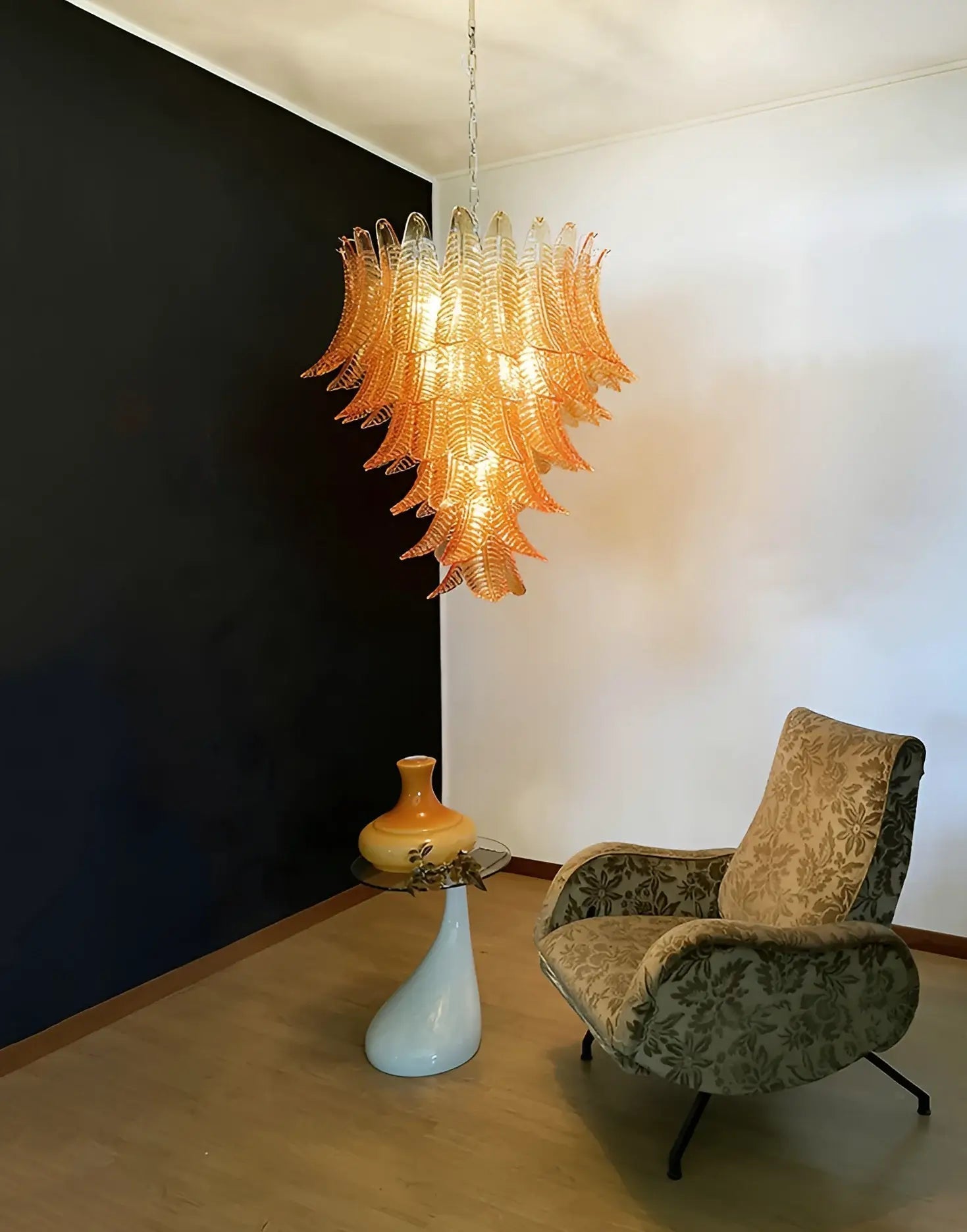 Veleena Chandelier Amber Murano Glass Leaves Layered