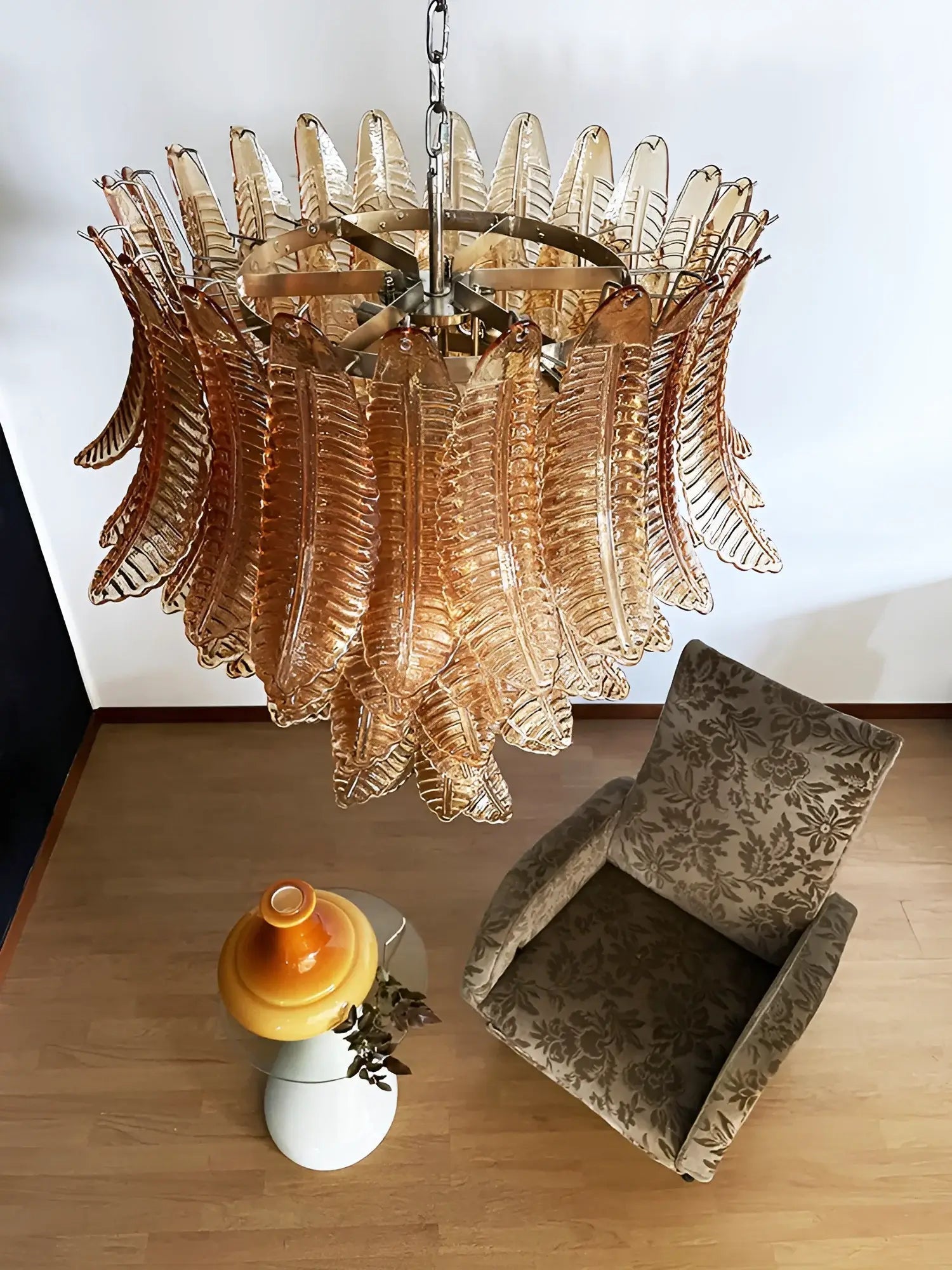 Veleena Chandelier Amber Murano Glass Leaves Layered