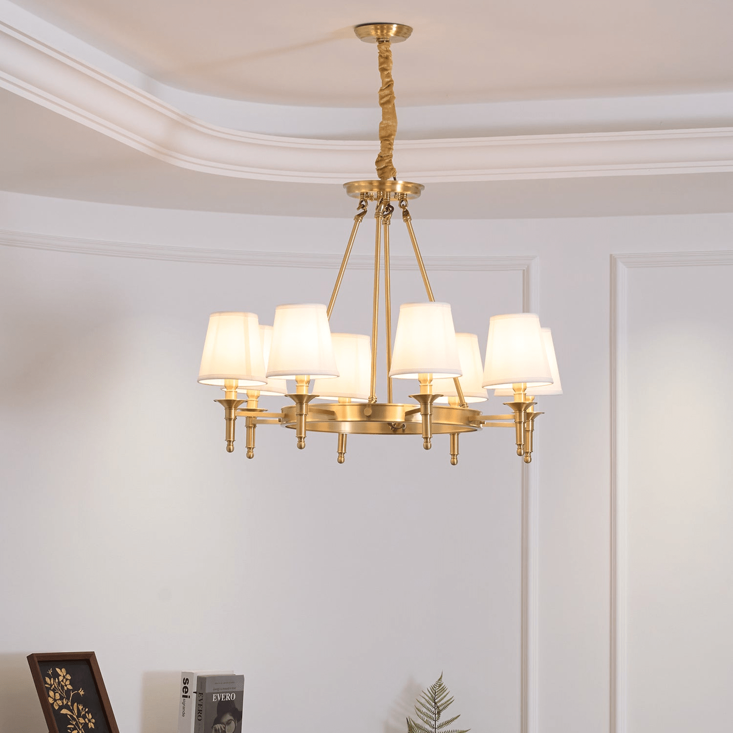 Dyvlen Chandelier Brass Linen Modern 8-Light
