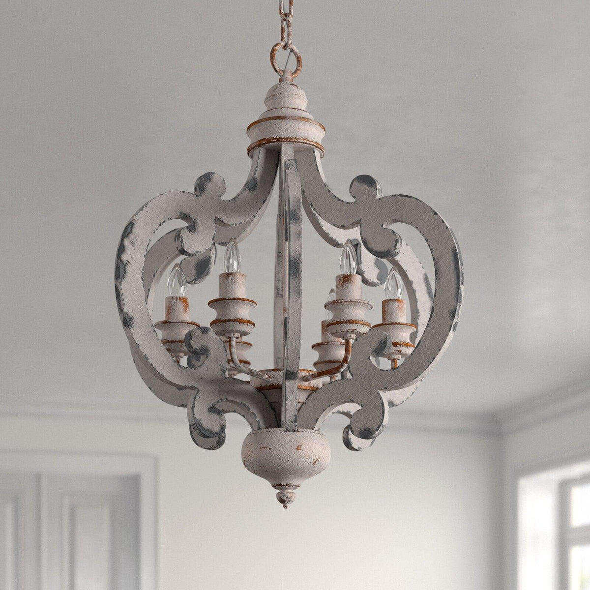 Rinaian Chandelier Scroll Wood Whitewashed Rustic