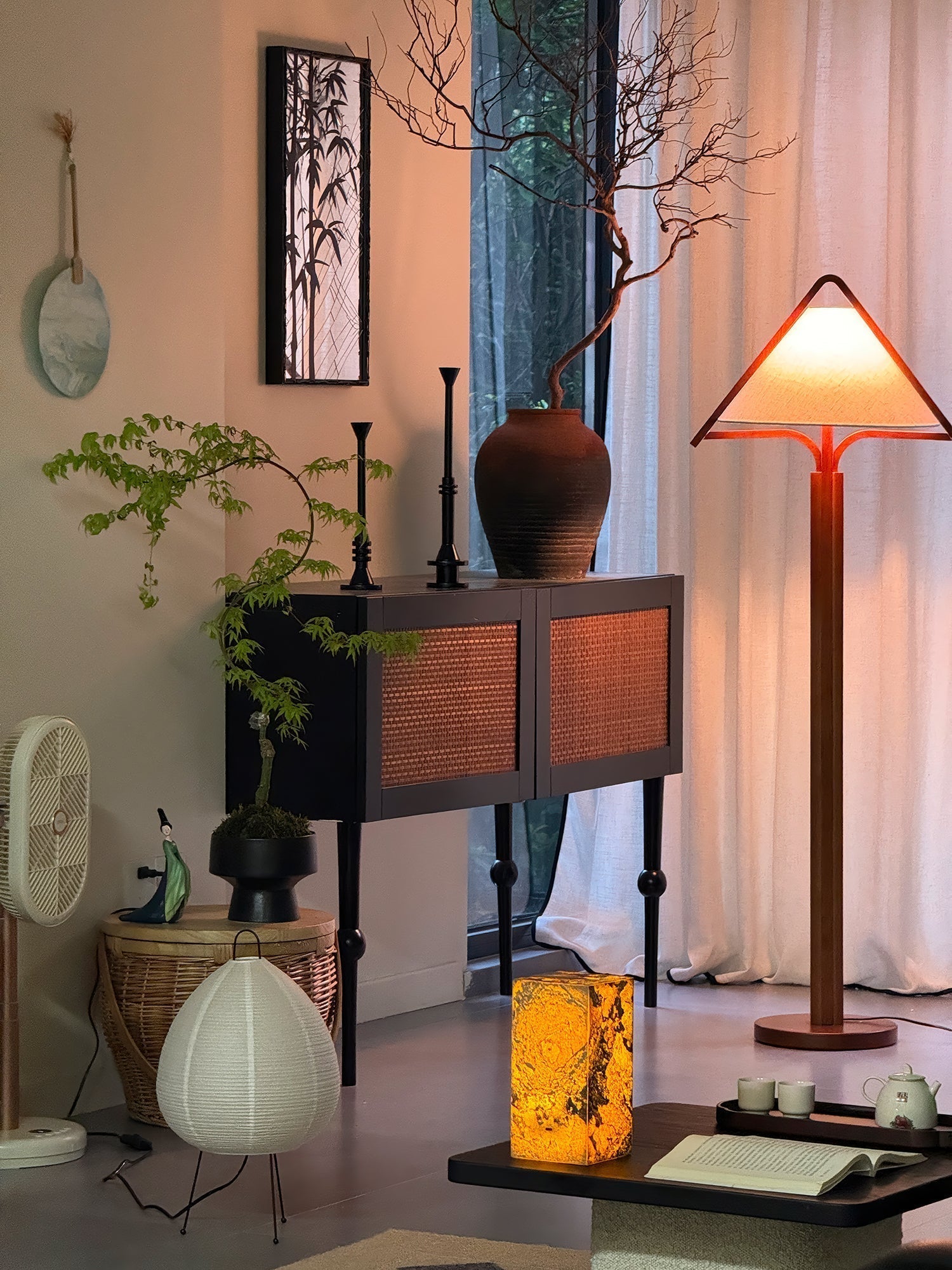 Ersolan Triangular Wood & Fabric Floor Lamp