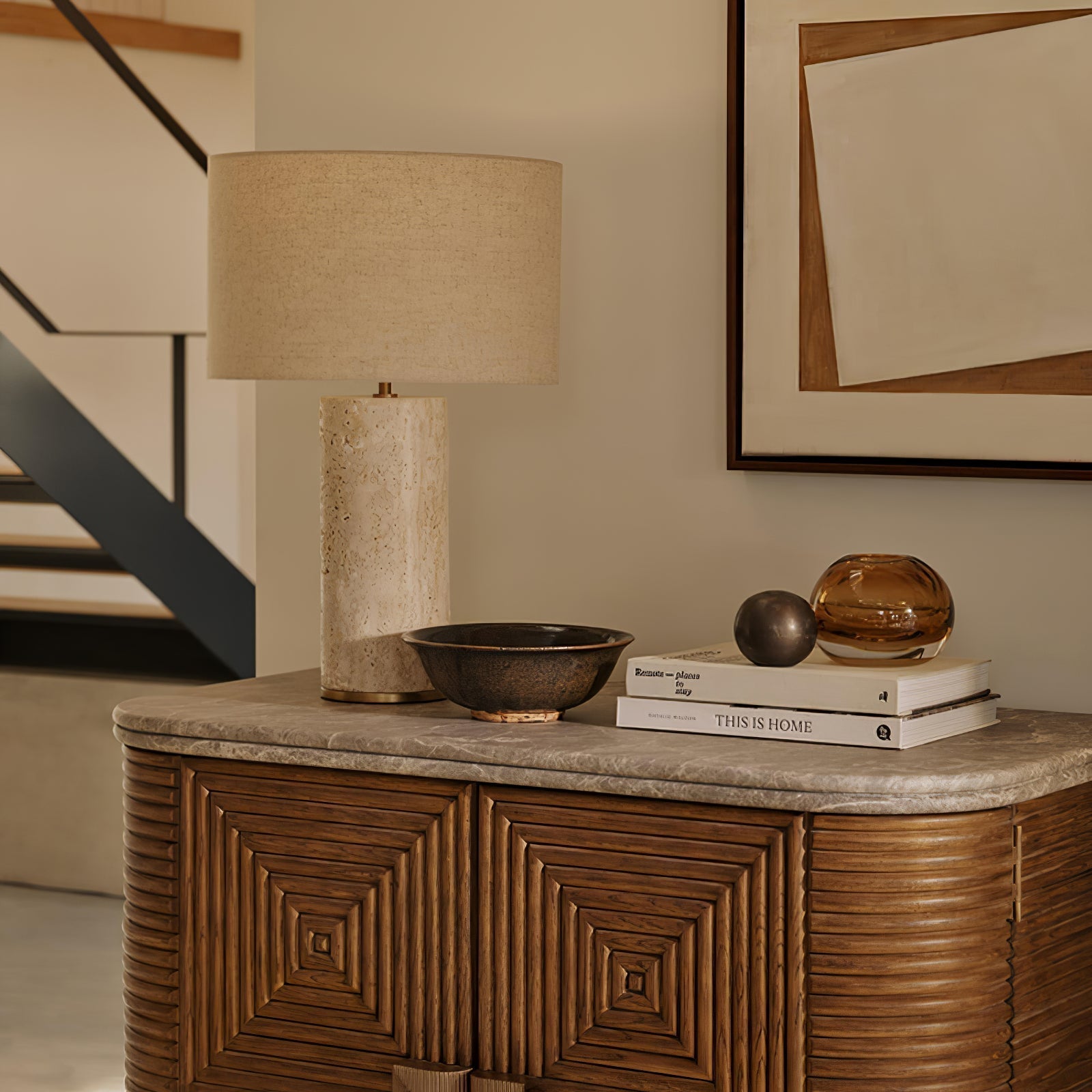 Vonoryra Cylindrical Travertine Table Lamp - Neutral Decor