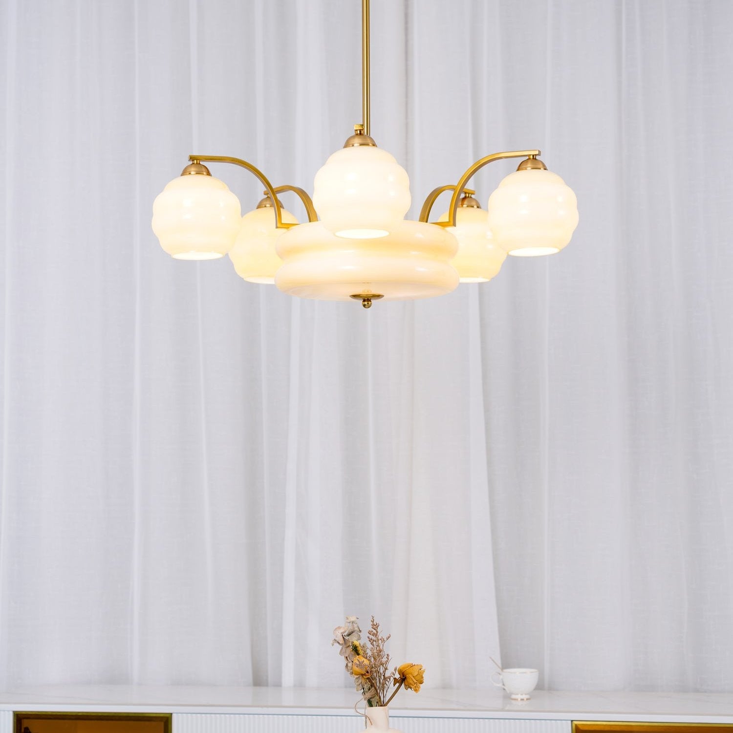 Lustra Chandelier Art Deco Vintage Gold Glass Shades - Neutral Decor