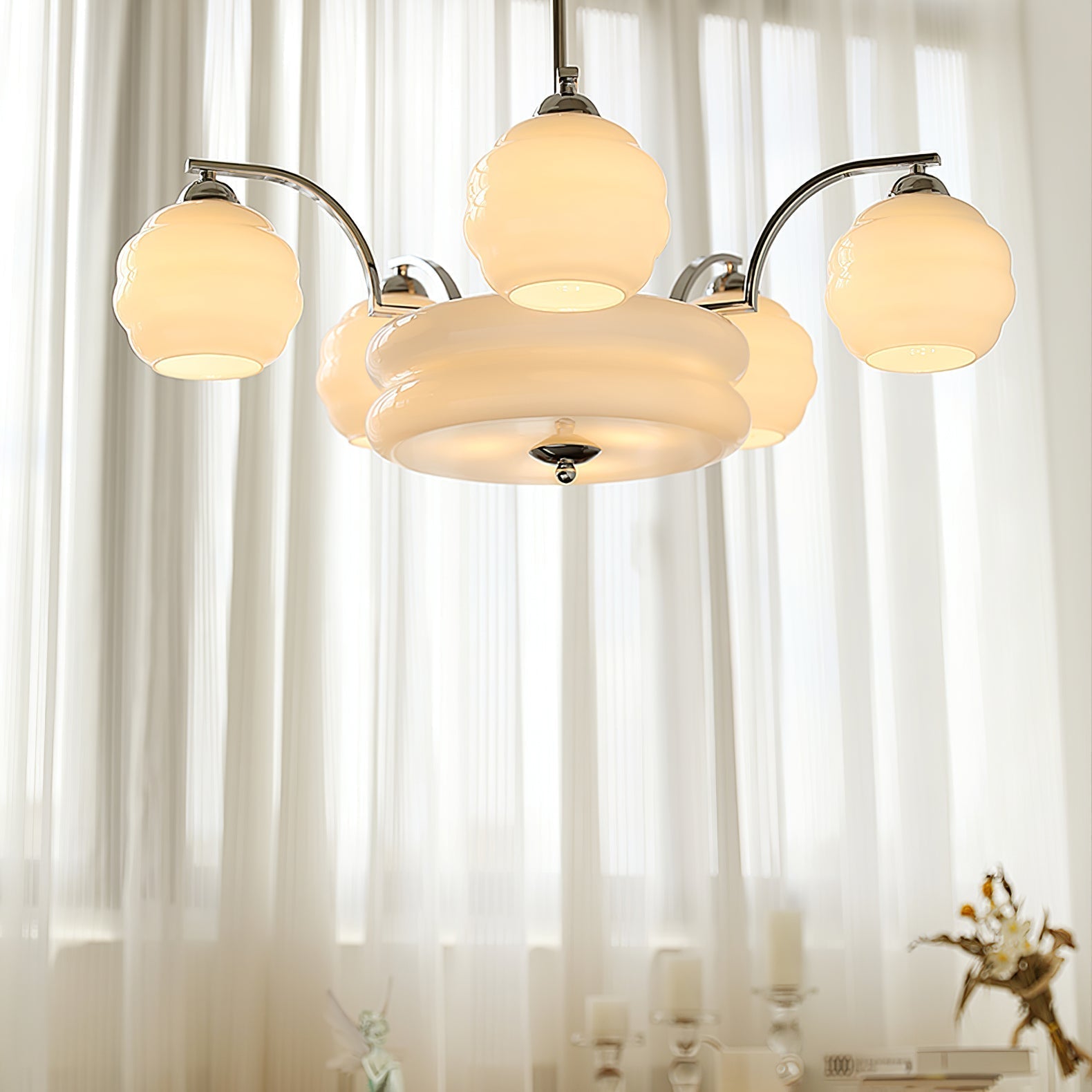 Lustra Chandelier Art Deco Vintage Gold Glass Shades - Neutral Decor