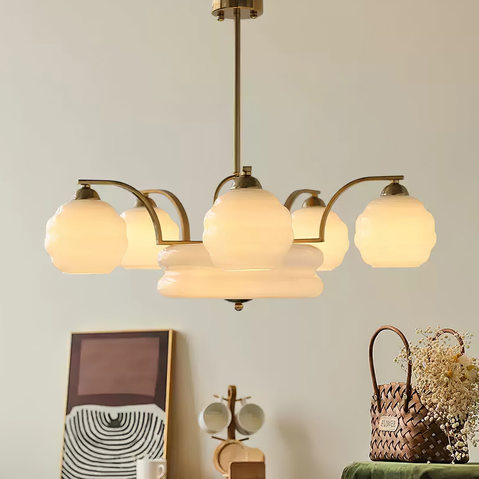 Lustra Chandelier Art Deco Vintage Gold Glass Shades - Neutral Decor