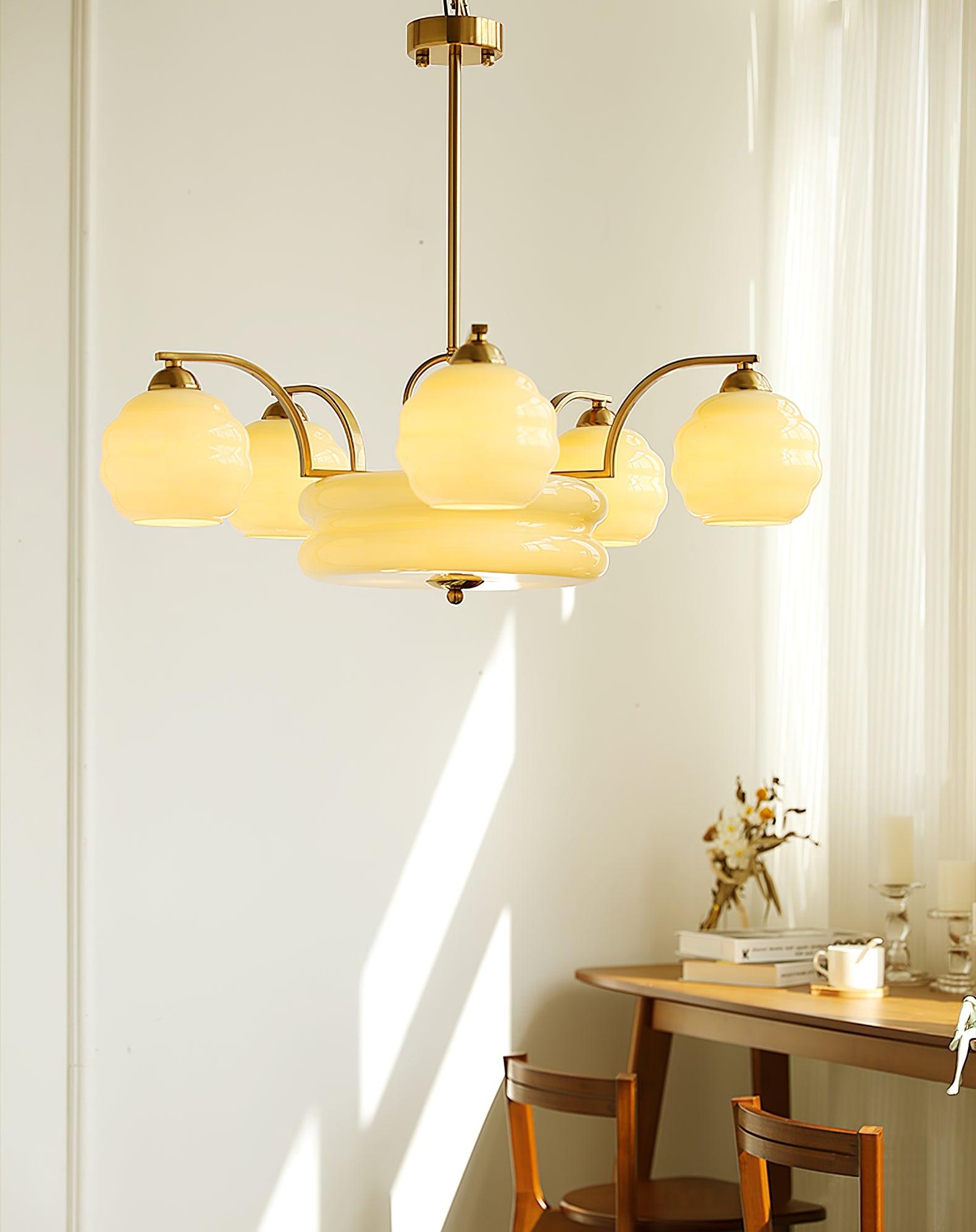 Lustra Chandelier Art Deco Vintage Gold Glass Shades - Neutral Decor