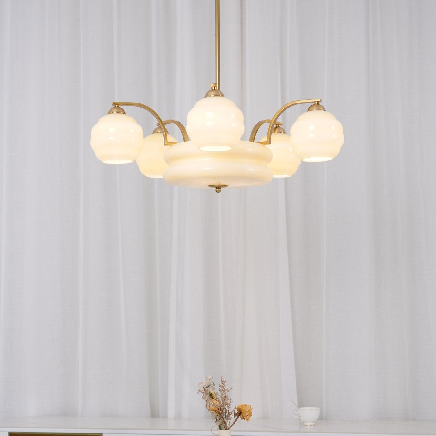 Lustra Chandelier Art Deco Vintage Gold Glass Shades - Neutral Decor