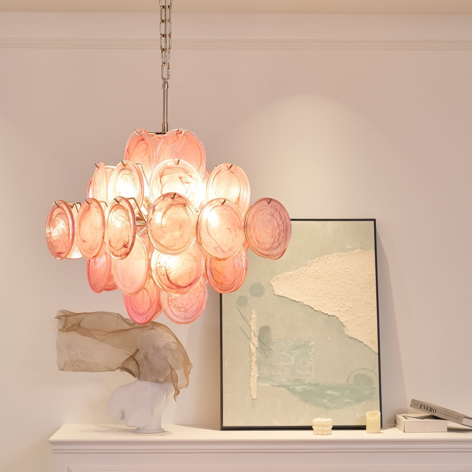 Celeian Chandelier Pink Glass Disc Layered Romantic