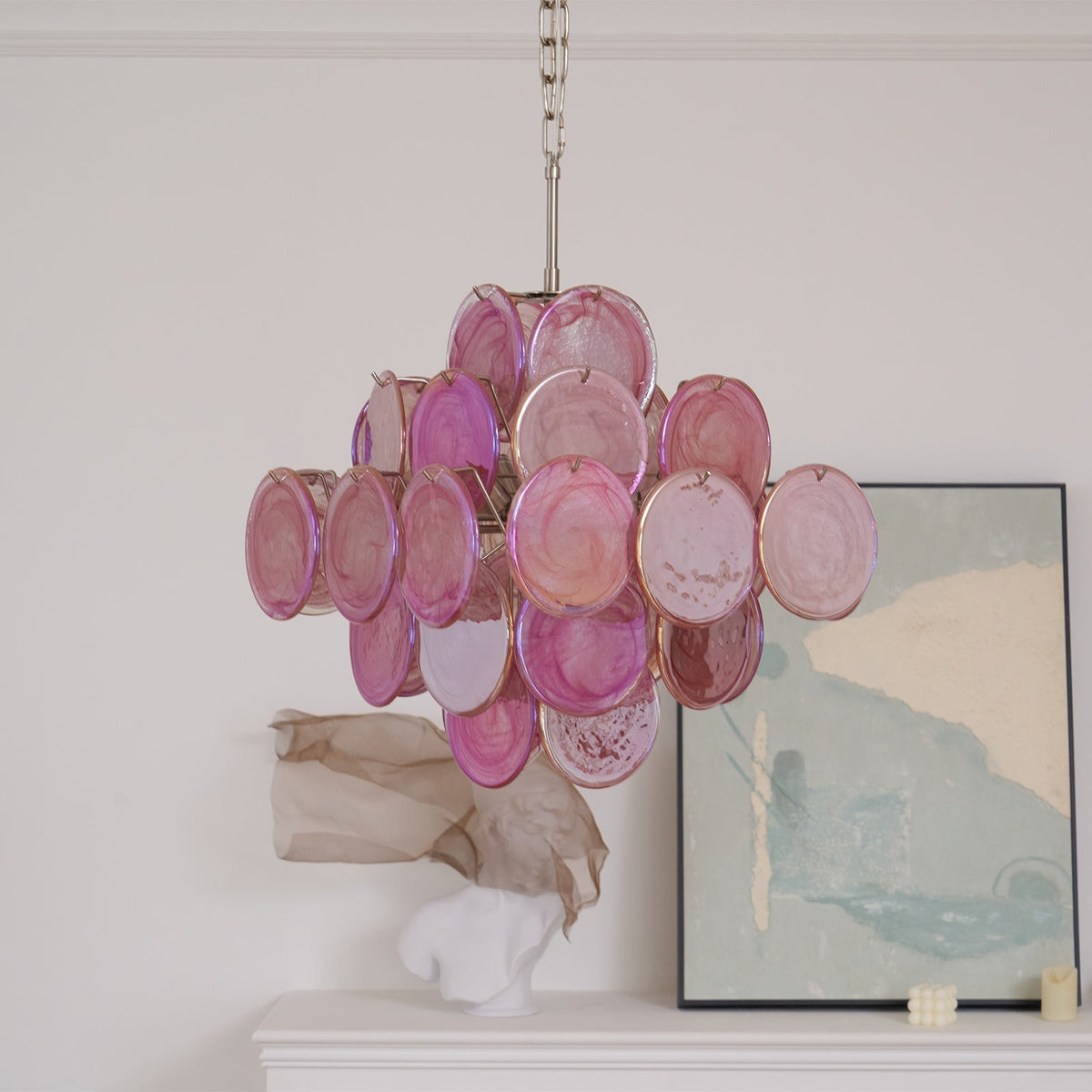 Celeian Chandelier Pink Glass Disc Layered Romantic