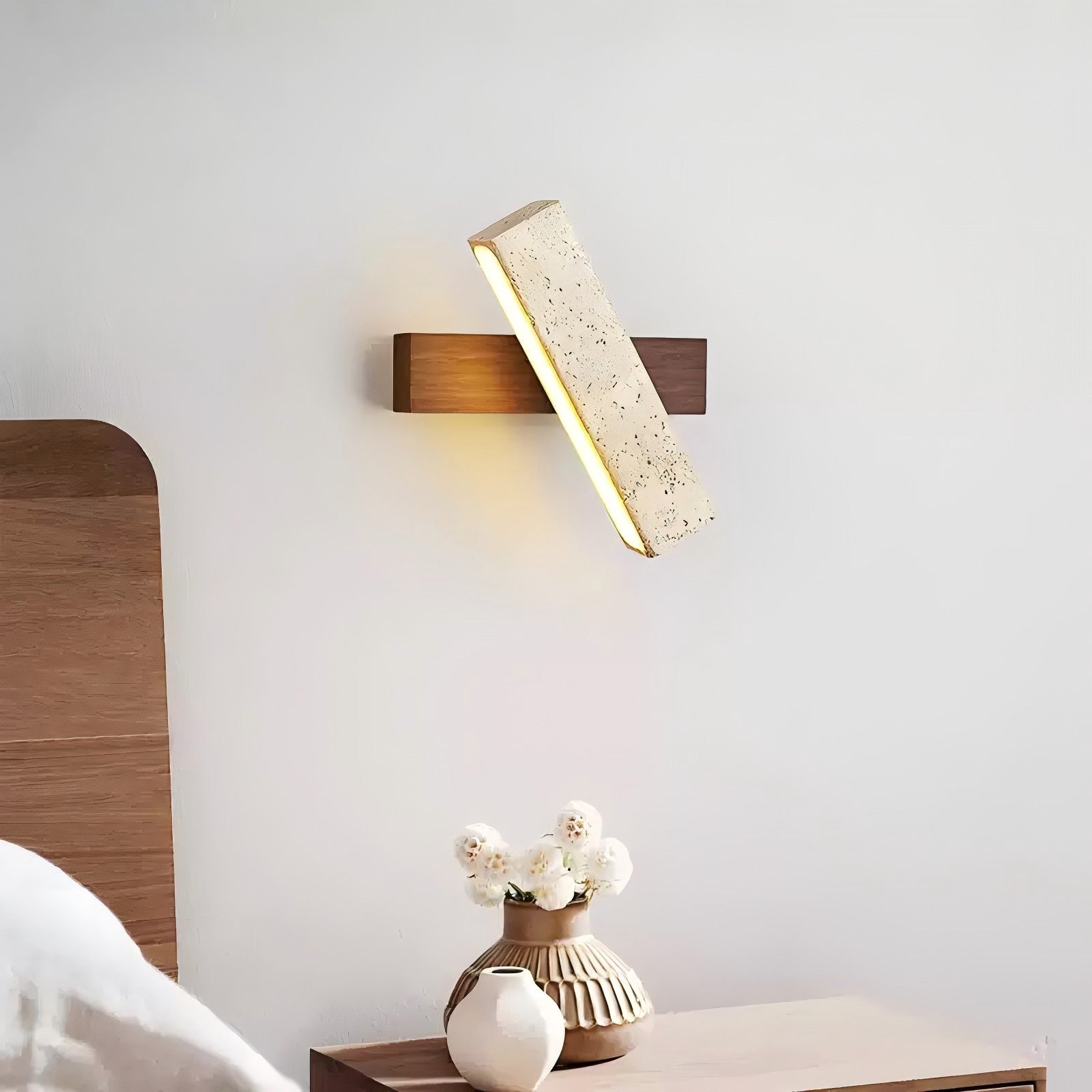 Ostruvyo Modern Minimalist Linear Walnut Travertine Wall Lamp