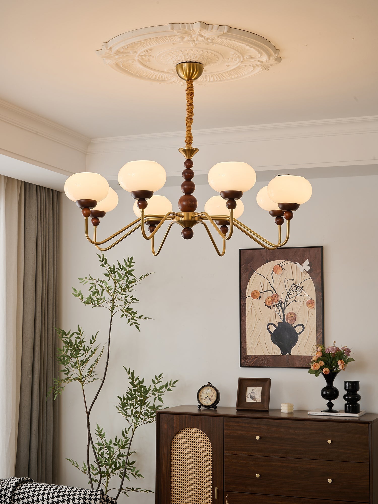 Sylaian Chandelier Glass Wood Brass Modern 6-Light