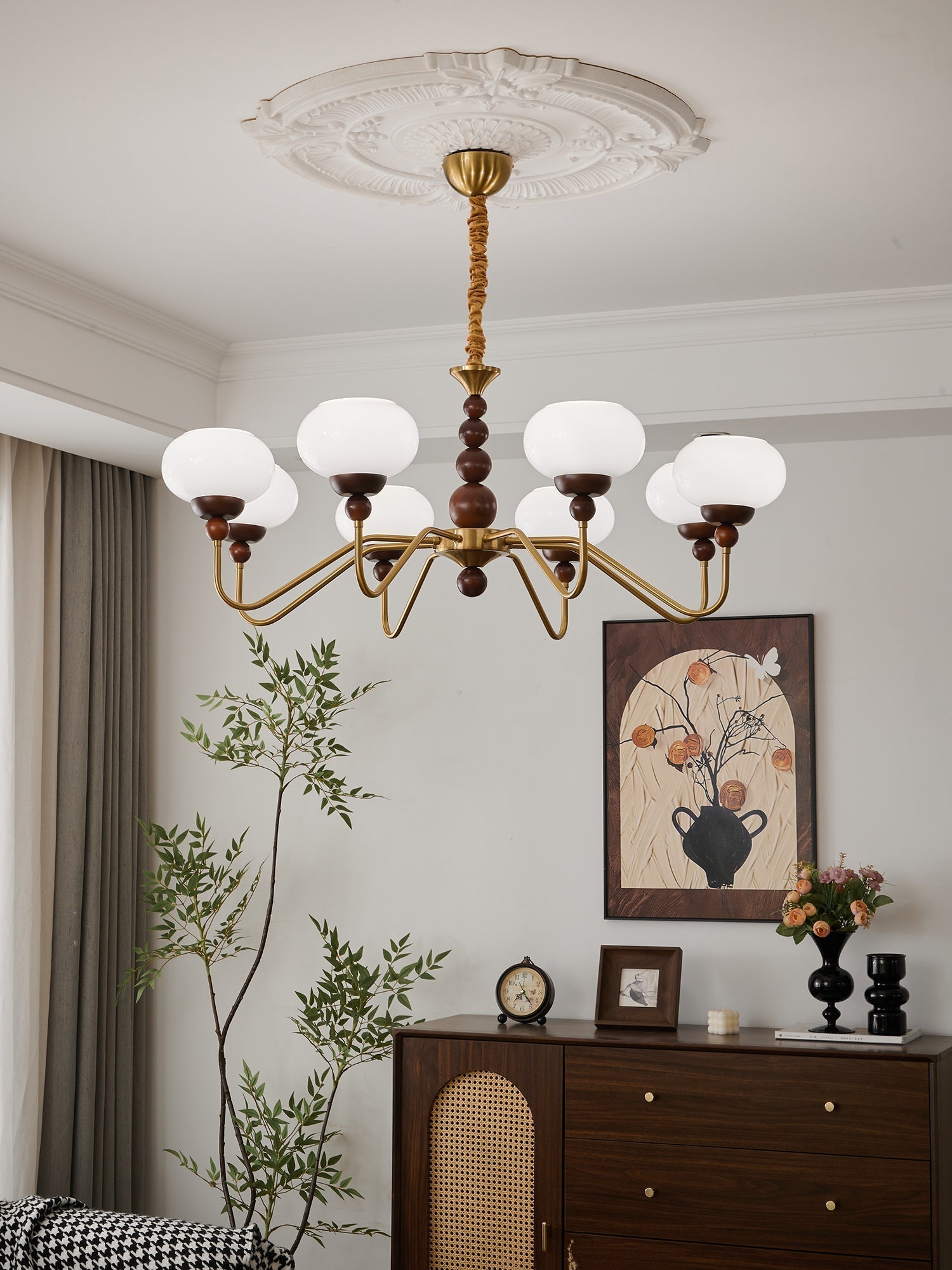 Sylaian Chandelier Glass Wood Brass Modern 6-Light