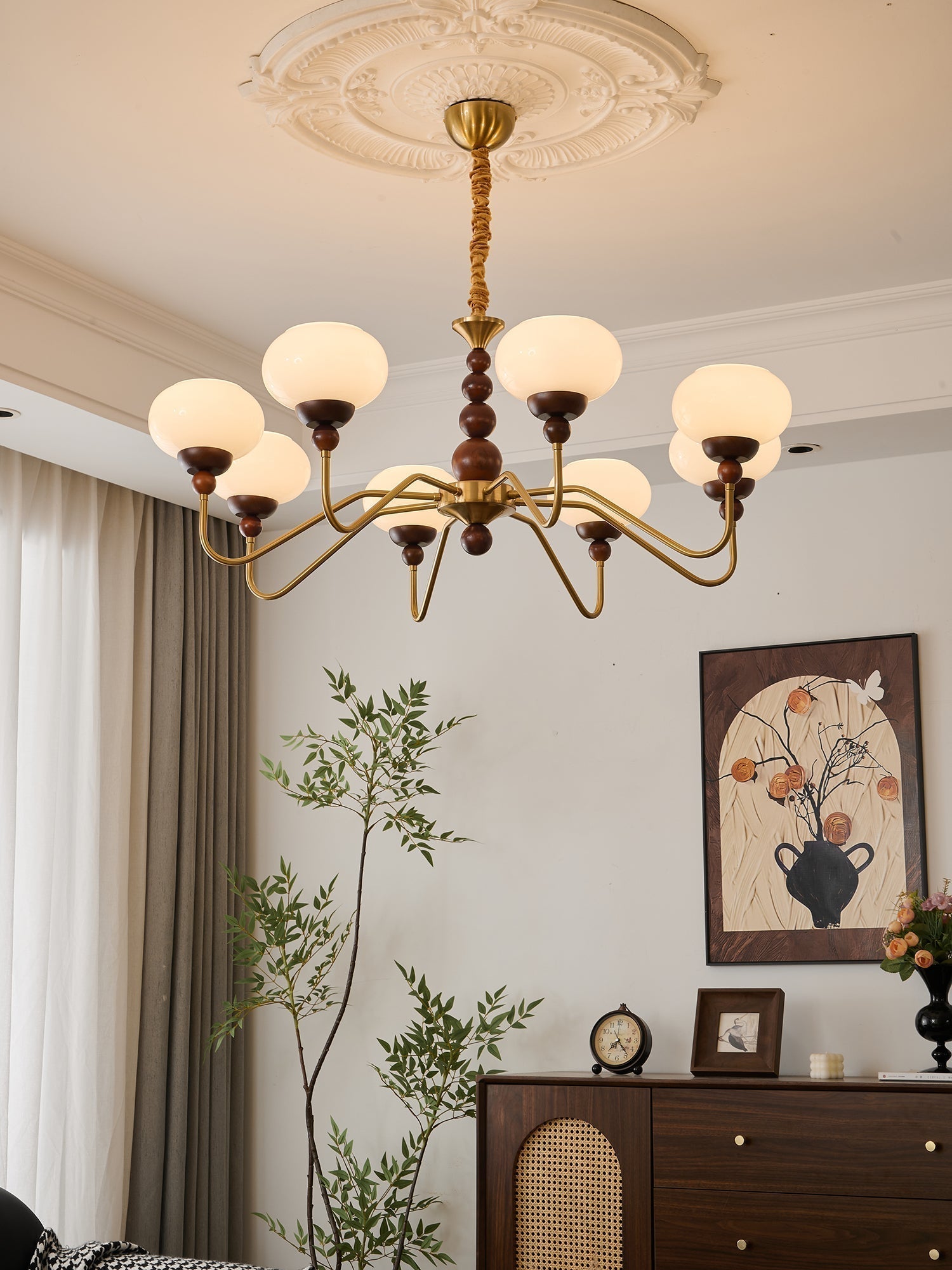 Sylaian Chandelier Glass Wood Brass Modern 6-Light