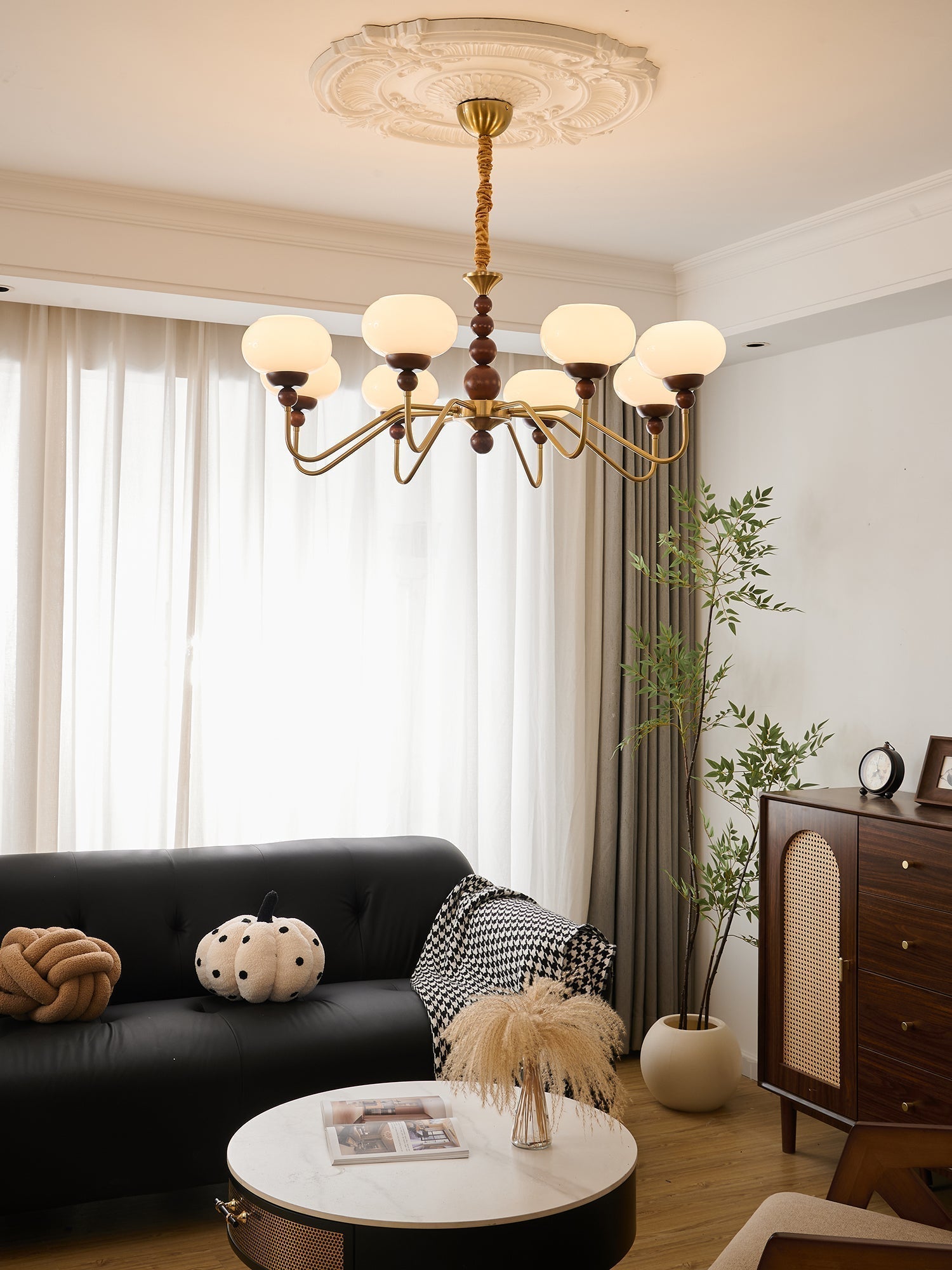 Sylaian Chandelier Glass Wood Brass Modern 6-Light