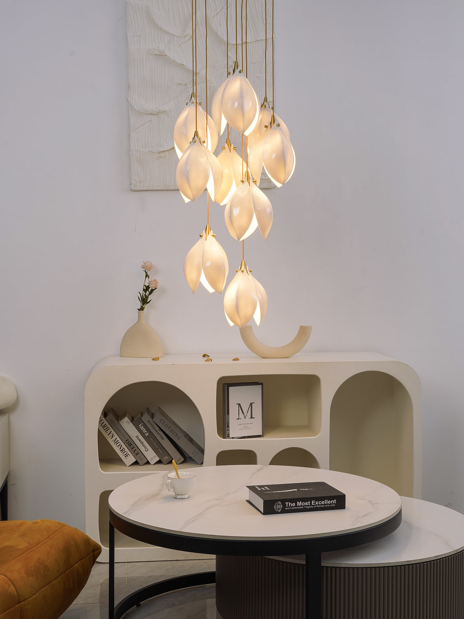 Lustra Pendant Lamp White Floral Ceramic - Neutral Decor