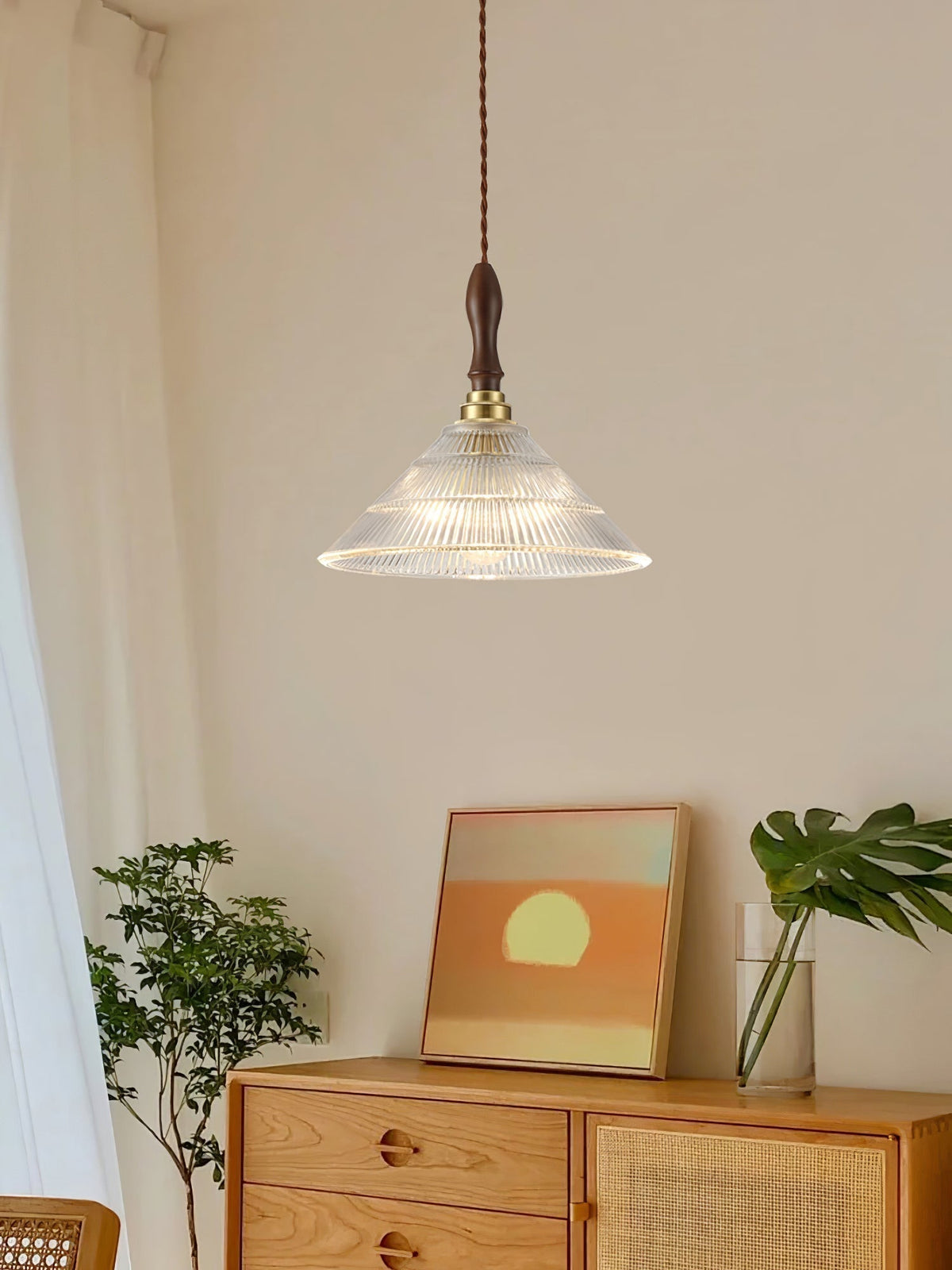Arcara Vintage Ripple Glass Wood Pendant Lamp