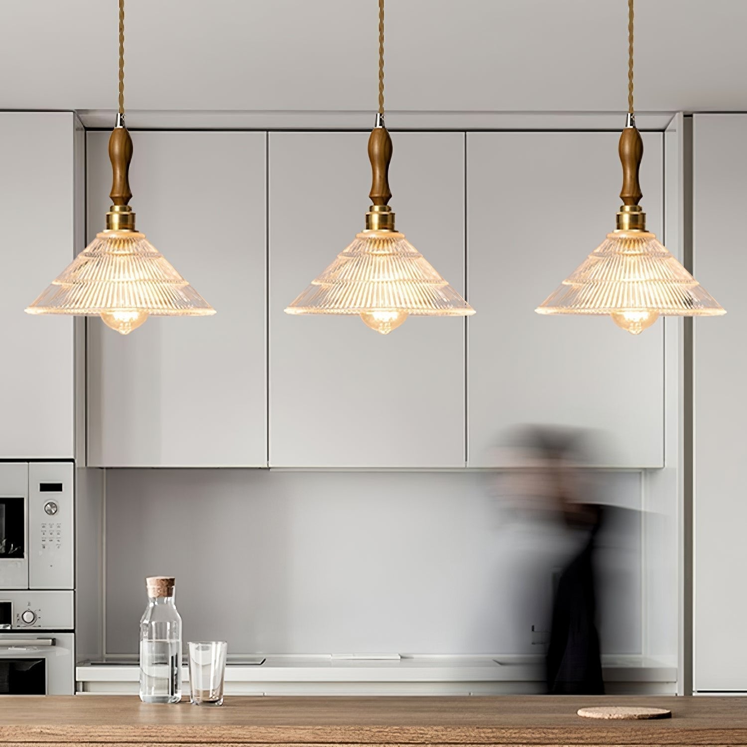 Arcara Vintage Ripple Glass Wood Pendant Lamp