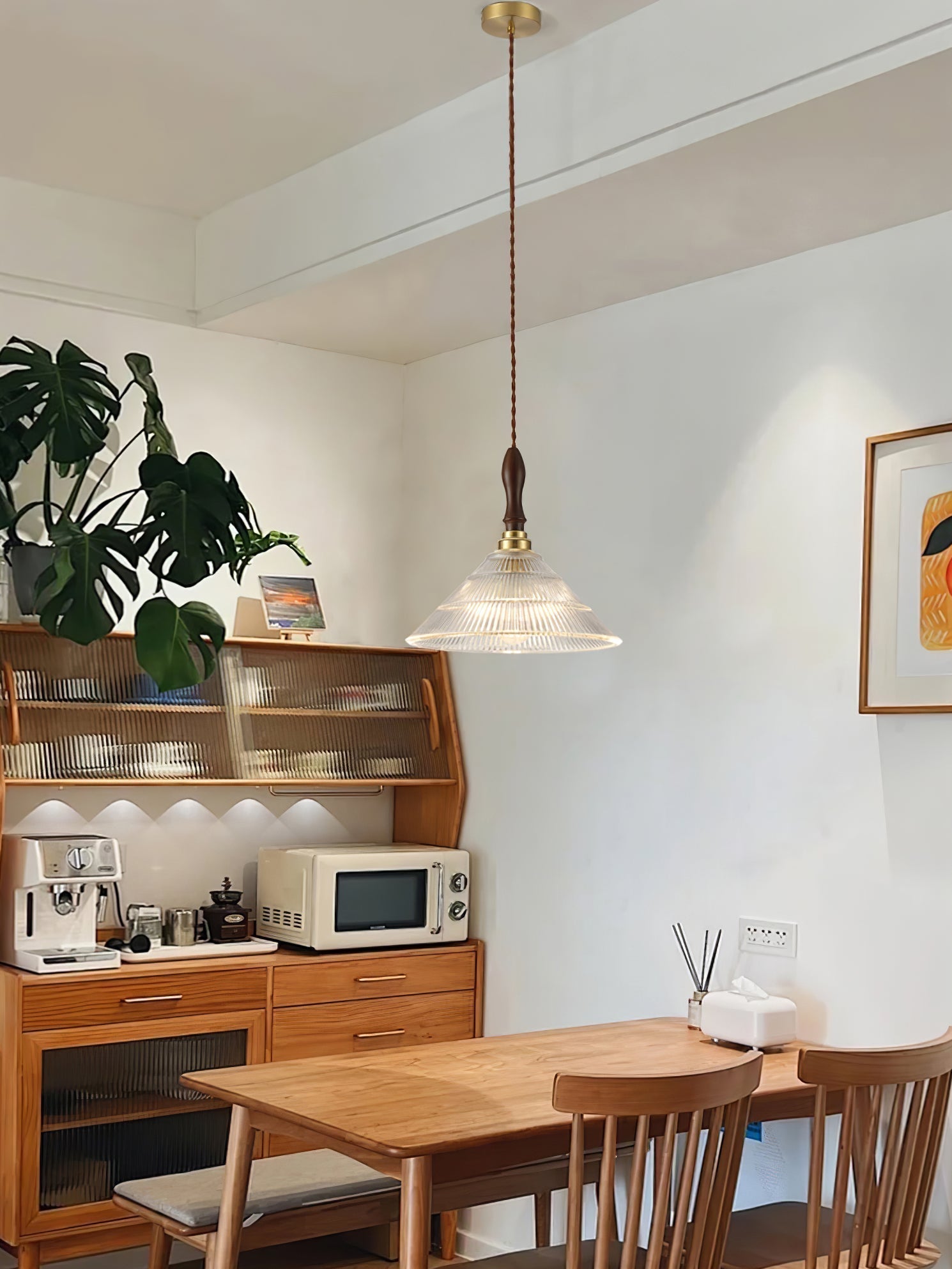 Arcara Vintage Ripple Glass Wood Pendant Lamp