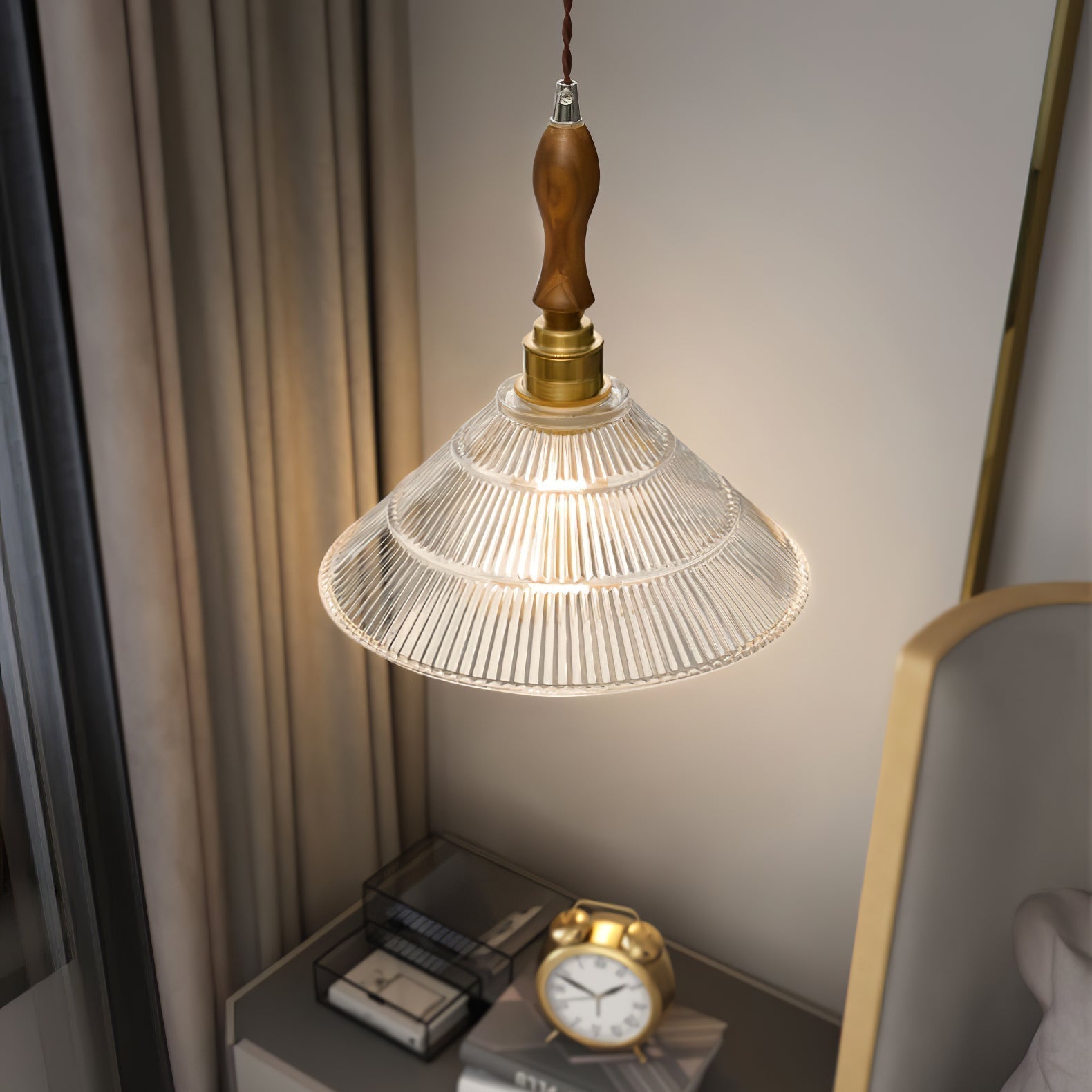 Arcara Vintage Ripple Glass Wood Pendant Lamp