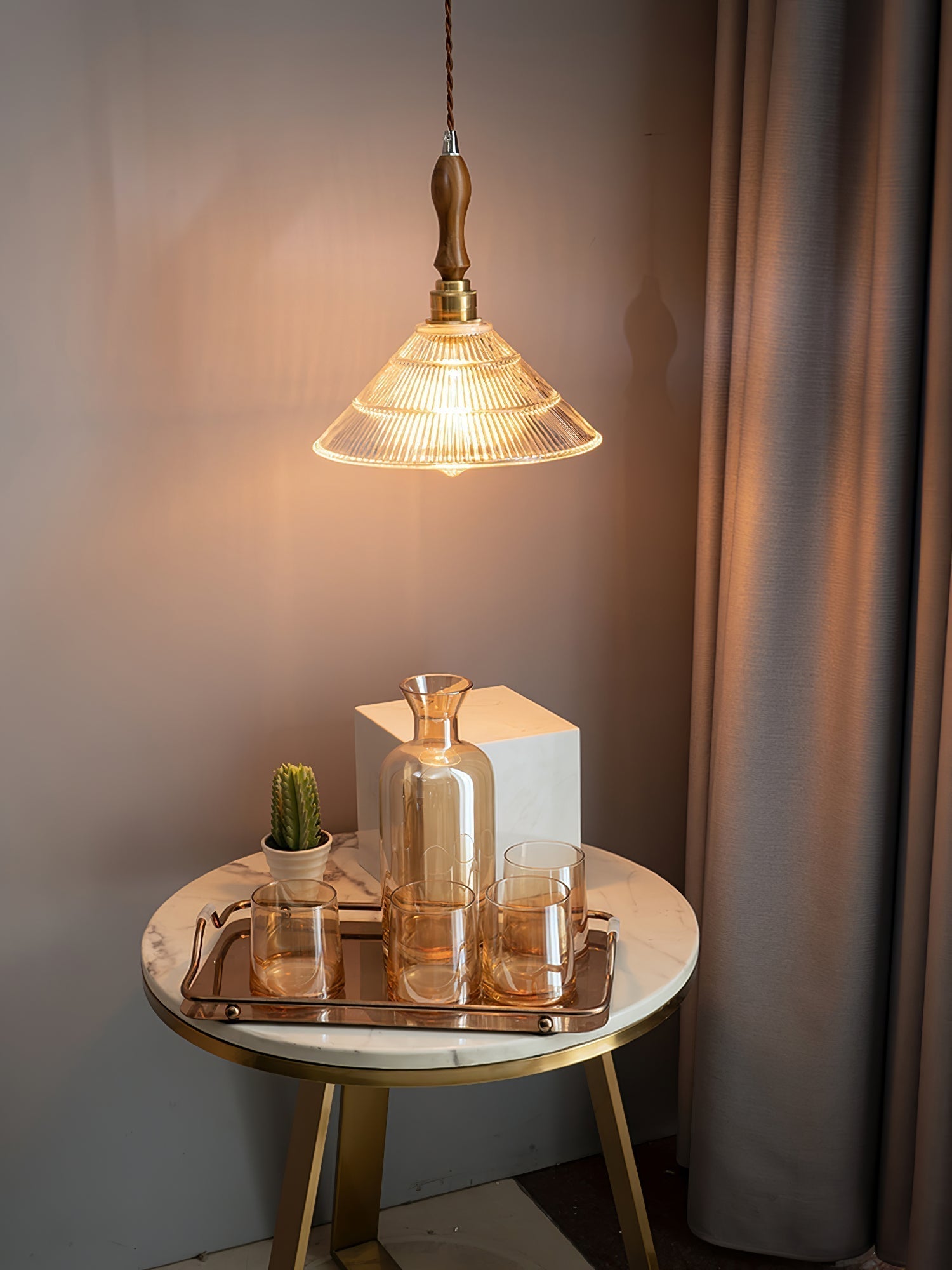 Arcara Vintage Ripple Glass Wood Pendant Lamp