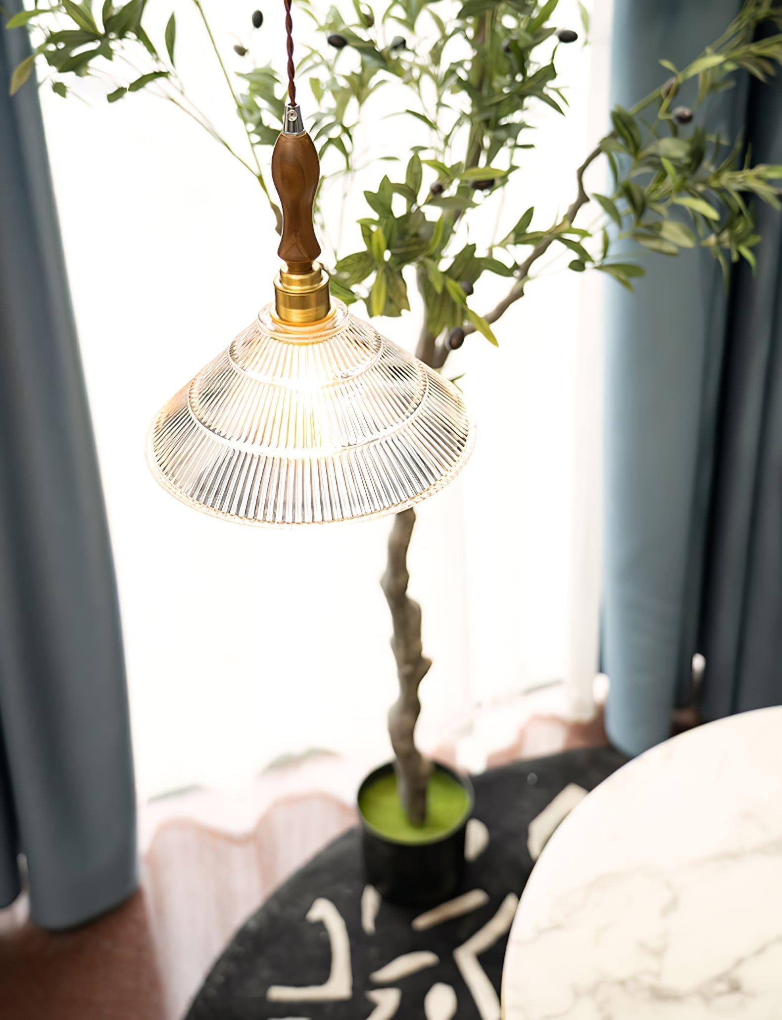 Arcara Vintage Ripple Glass Wood Pendant Lamp