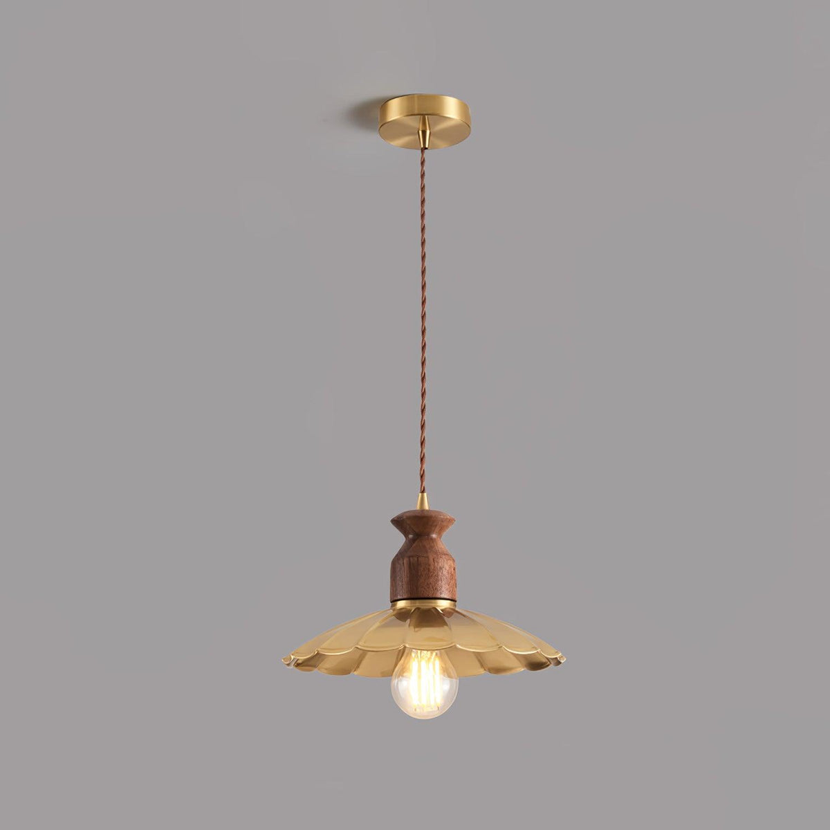 Qior Brass Classic Elegance Crest Wood Pendant Light