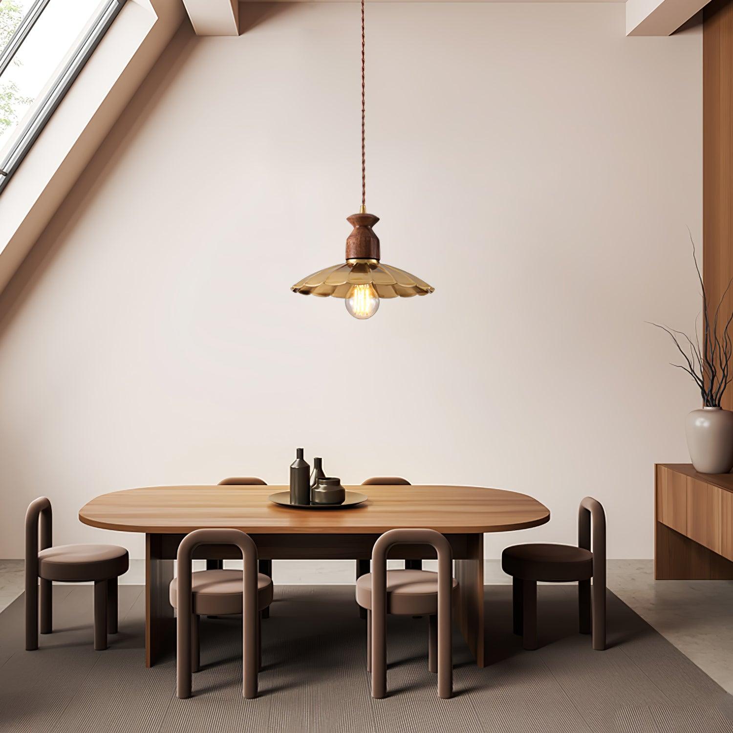 Qior Brass Classic Elegance Crest Wood Pendant Light