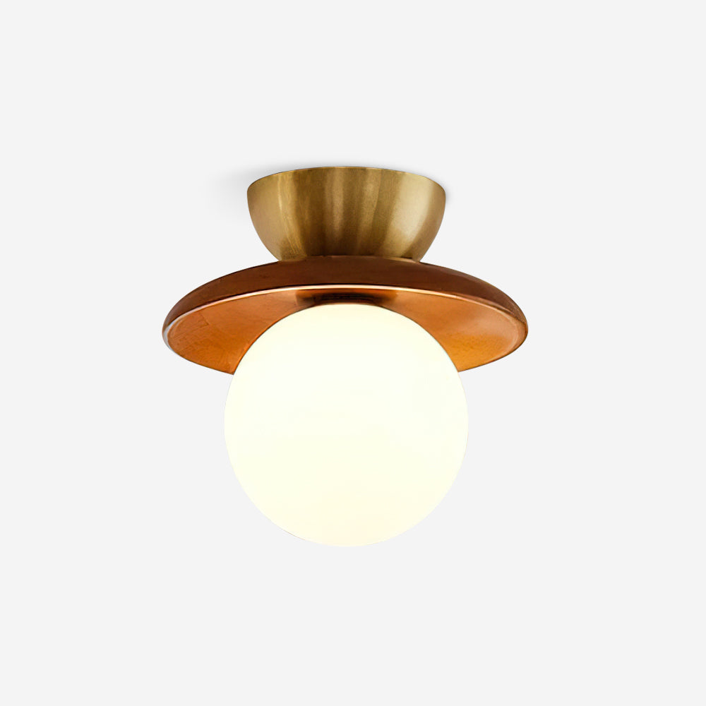 Ceiling Light Globe Opal Glass Modern Brass Walnut Accent Flush Mount - Neutral Decor
