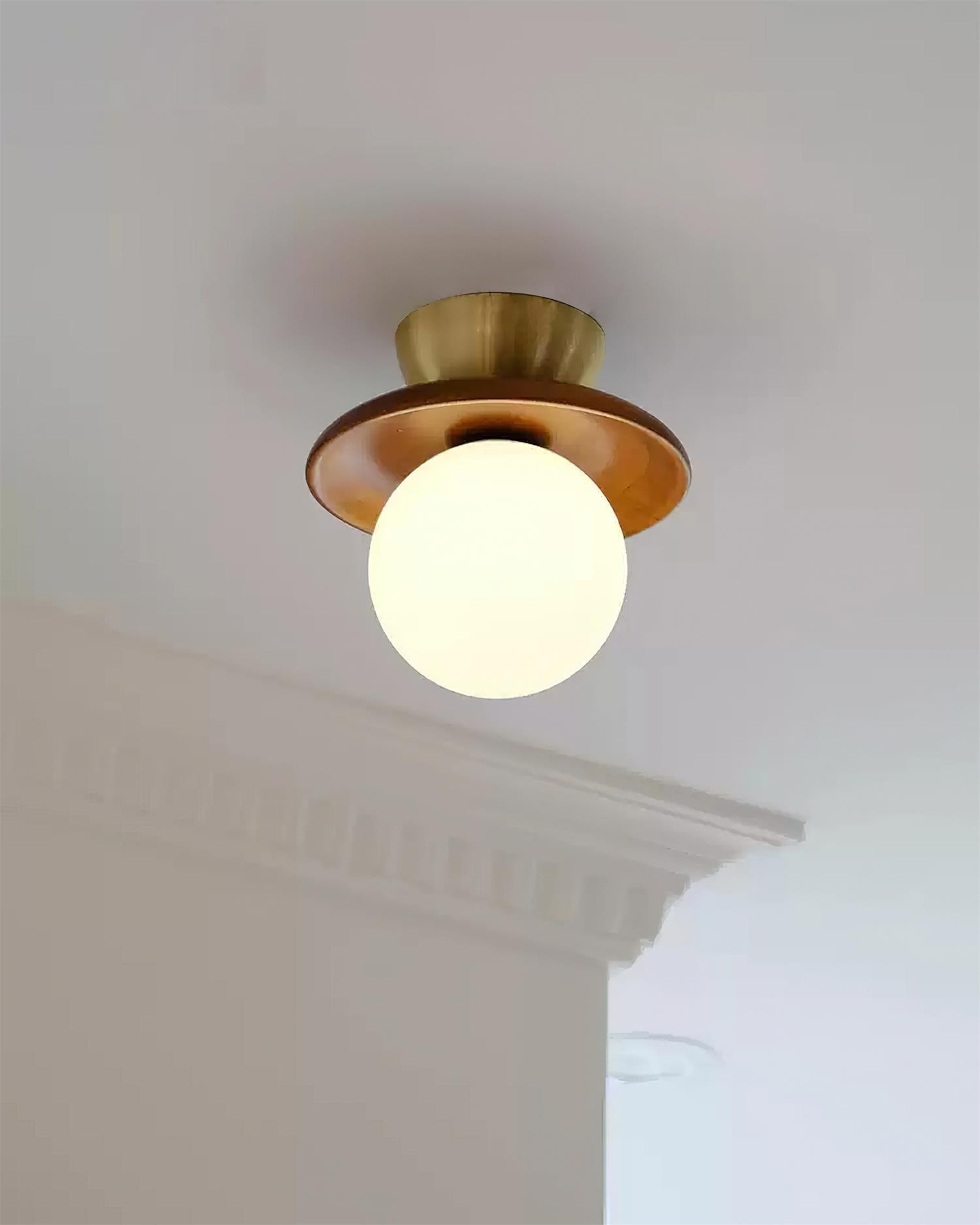 Ceiling Light Globe Opal Glass Modern Brass Walnut Accent Flush Mount - Neutral Decor