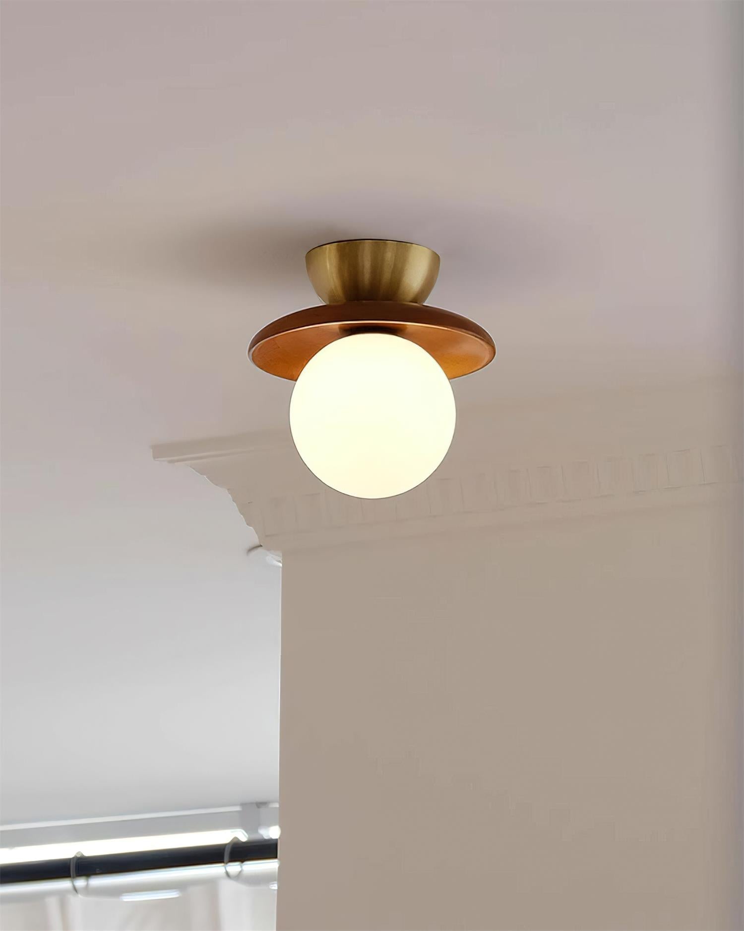 Ceiling Light Globe Opal Glass Modern Brass Walnut Accent Flush Mount - Neutral Decor