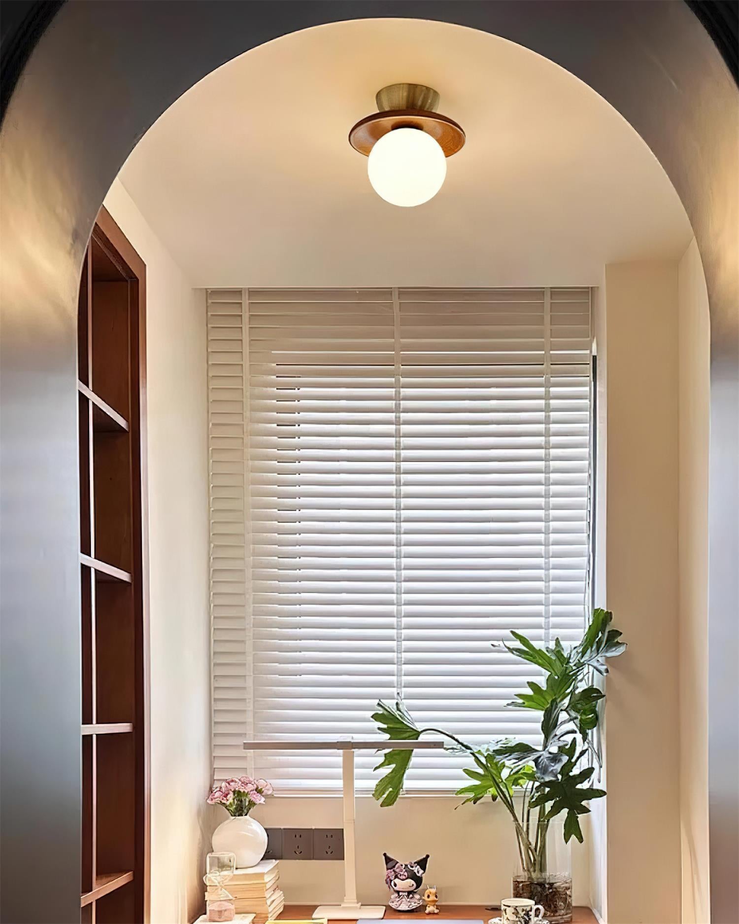 Ceiling Light Globe Opal Glass Modern Brass Walnut Accent Flush Mount - Neutral Decor