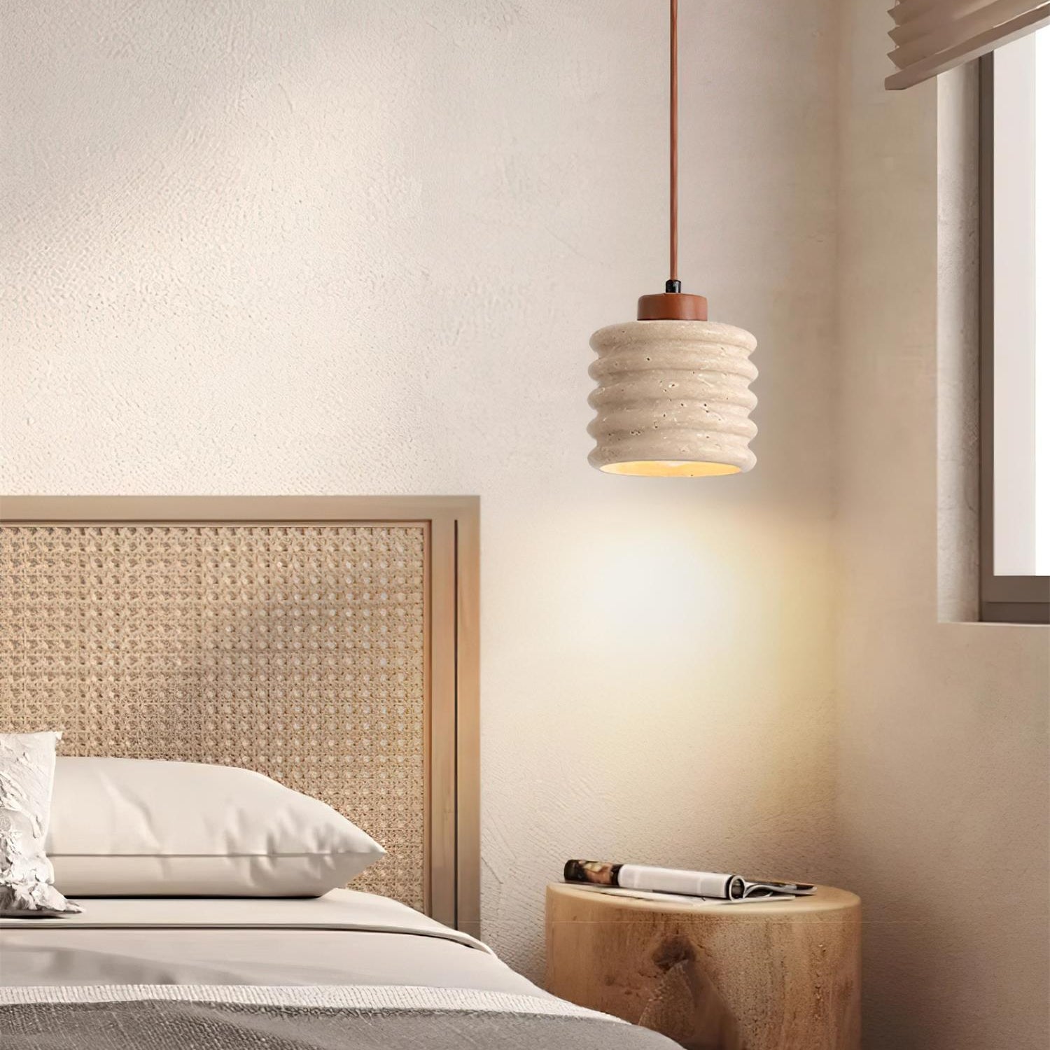 Pendant Lamp Travertine Ripple Shade Walnut Wood Organic Wabi-Sabi - Neutral Decor