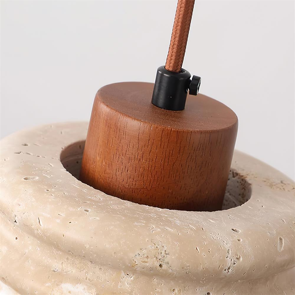 Pendant Lamp Travertine Ripple Shade Walnut Wood Organic Wabi-Sabi - Neutral Decor