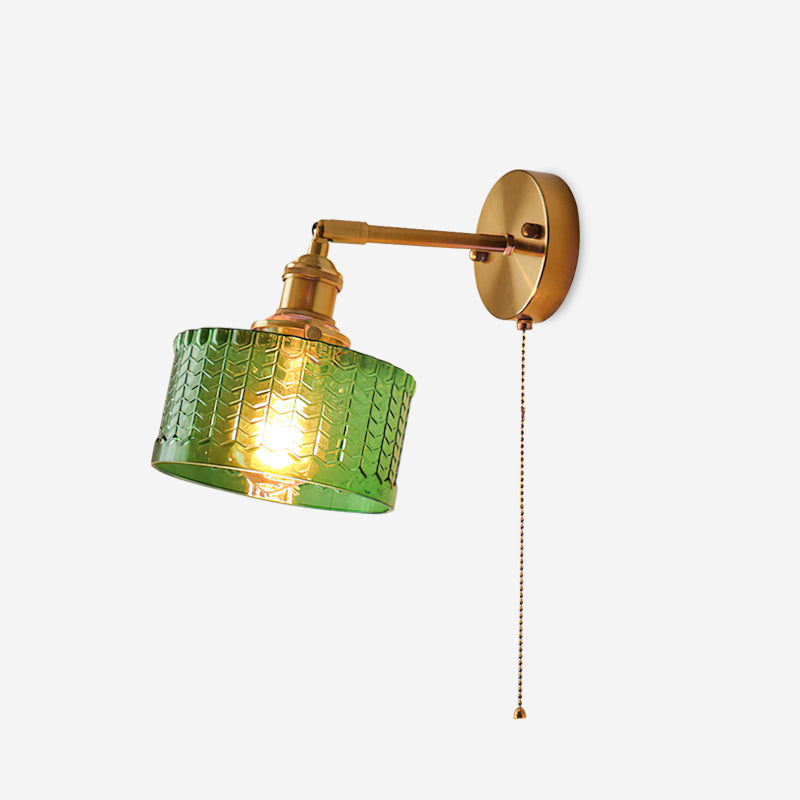 Wall Lamp Brass with Green/Clear Glass Shade and Pull Chain - Neutral Decor