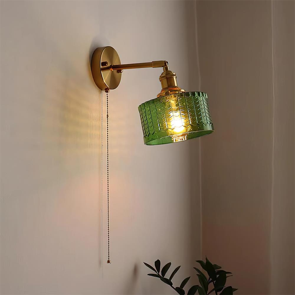 Wall Lamp Brass with Green/Clear Glass Shade and Pull Chain - Neutral Decor
