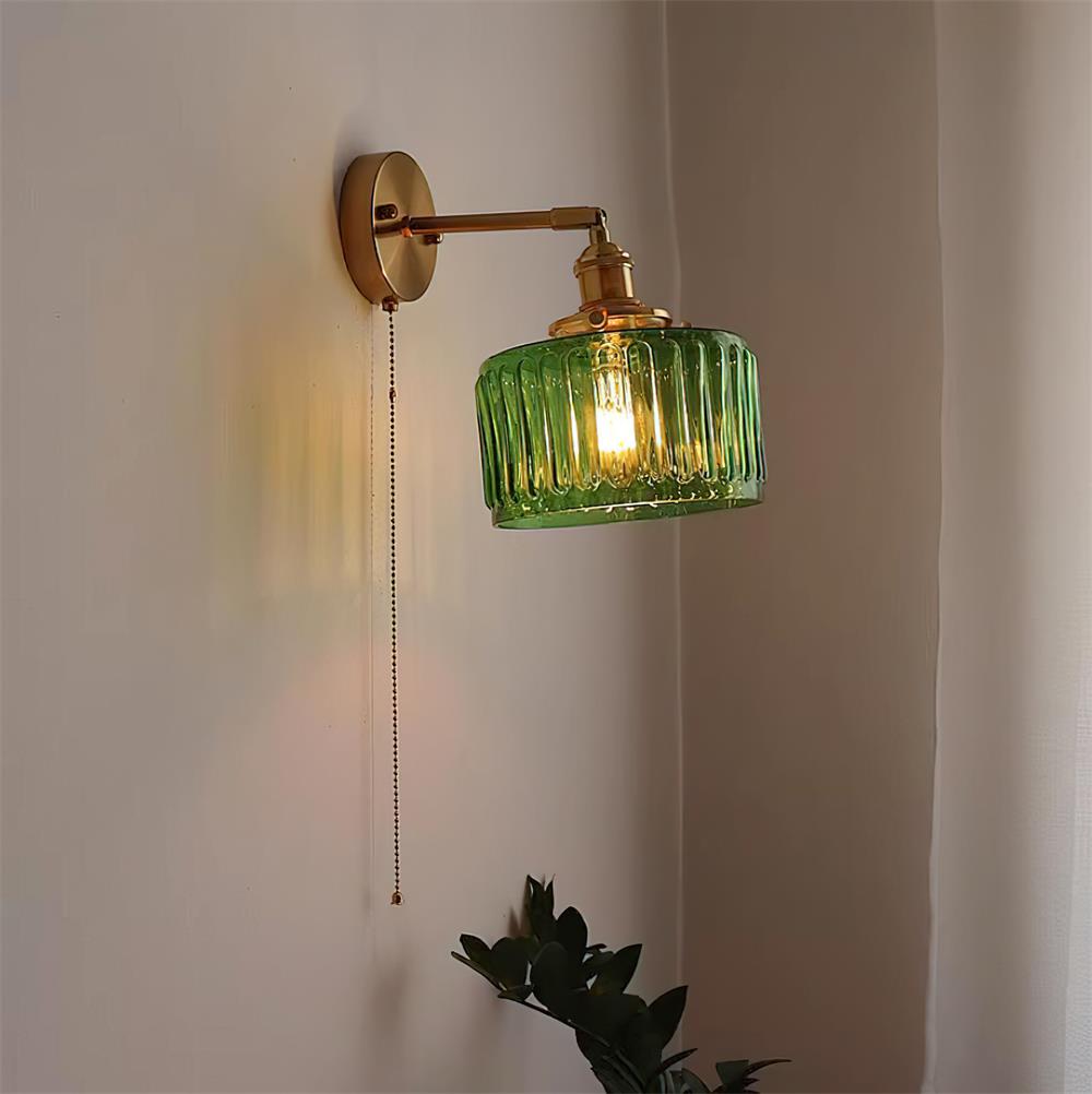 Wall Lamp Brass with Green/Clear Glass Shade and Pull Chain - Neutral Decor