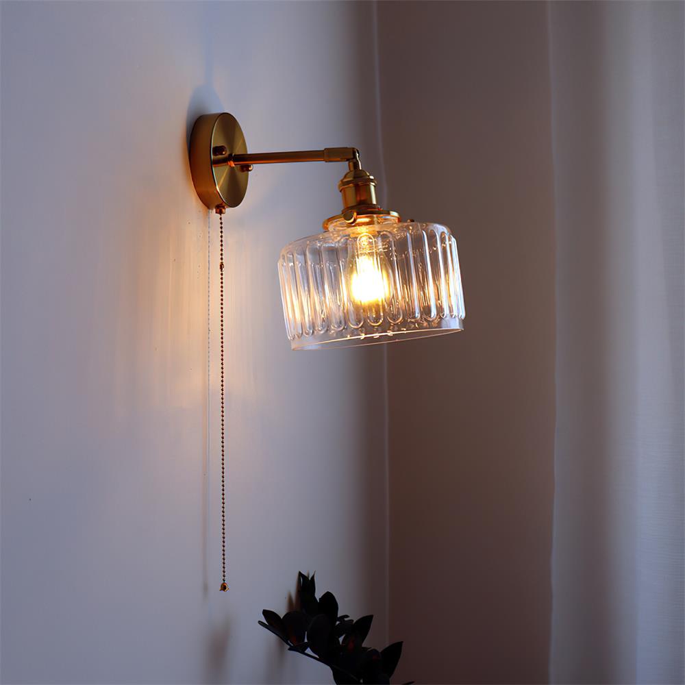 Wall Lamp Brass with Green/Clear Glass Shade and Pull Chain - Neutral Decor