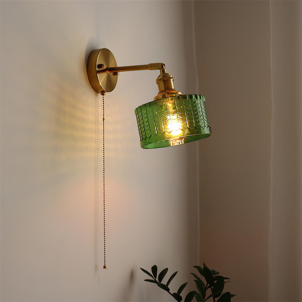 Wall Lamp Brass with Green/Clear Glass Shade and Pull Chain - Neutral Decor